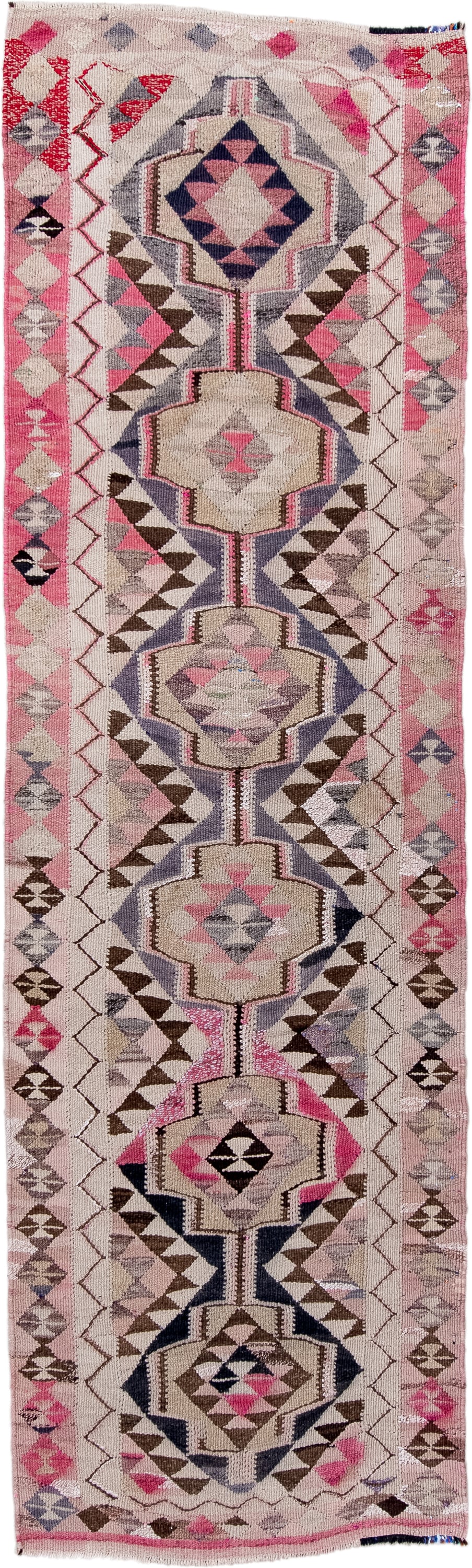 3' x 11' one-of-a-kind handmade vintage Kilim runner rug. Color palette: ivory, pink, taupe, brown, slate, charcoal, beige