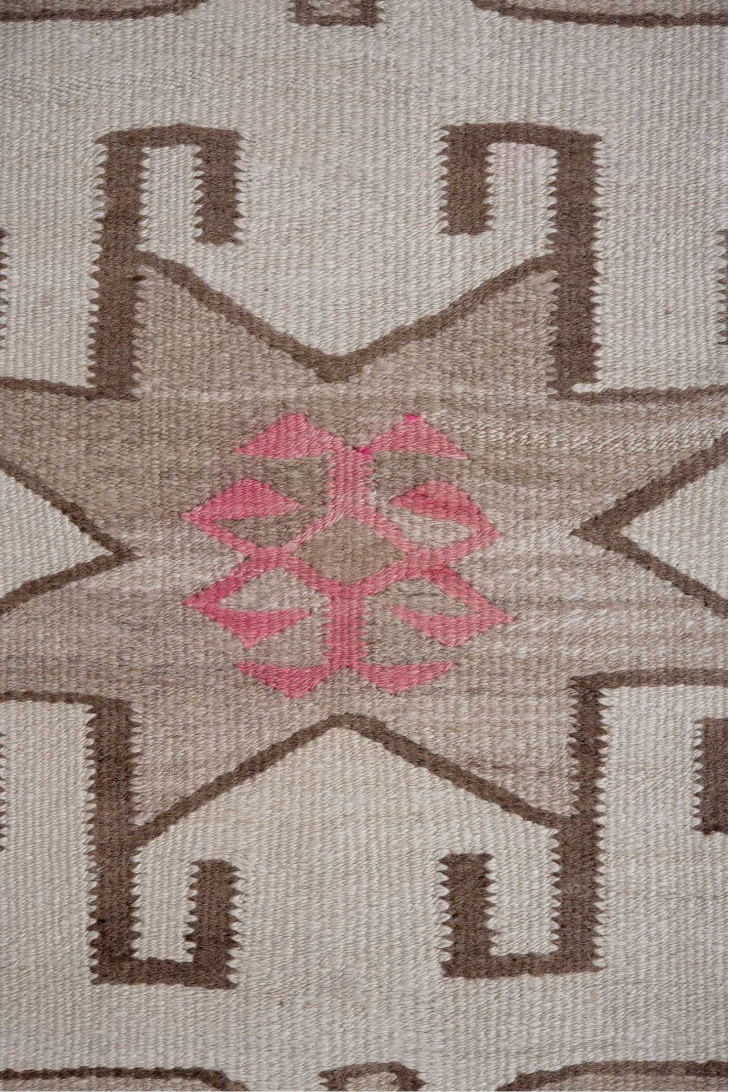 3' x 12' one-of-a-kind handmade vintage Kilim runner rug. Color palette: ivory, taupe, brown, rose, beige, gray, pink, red