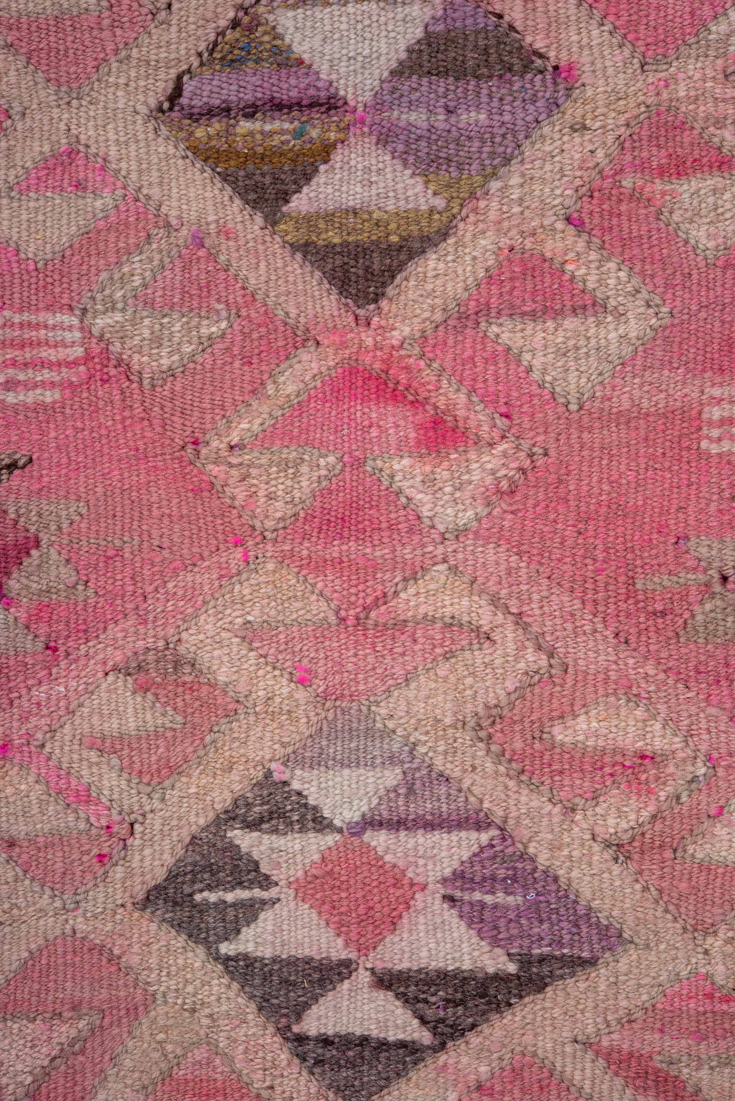 3' x 11' one-of-a-kind handmade vintage Kilim runner rug. Color palette: rose, ivory, lavender, plum, mauve, taupe, charcoal