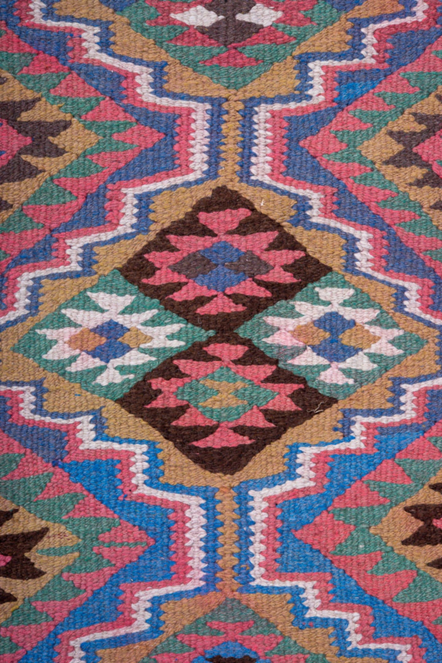 3' x 9' one-of-a-kind handmade antique Kilim runner rug. Color palette: pink, blue, ivory, brown, teal, olive, black