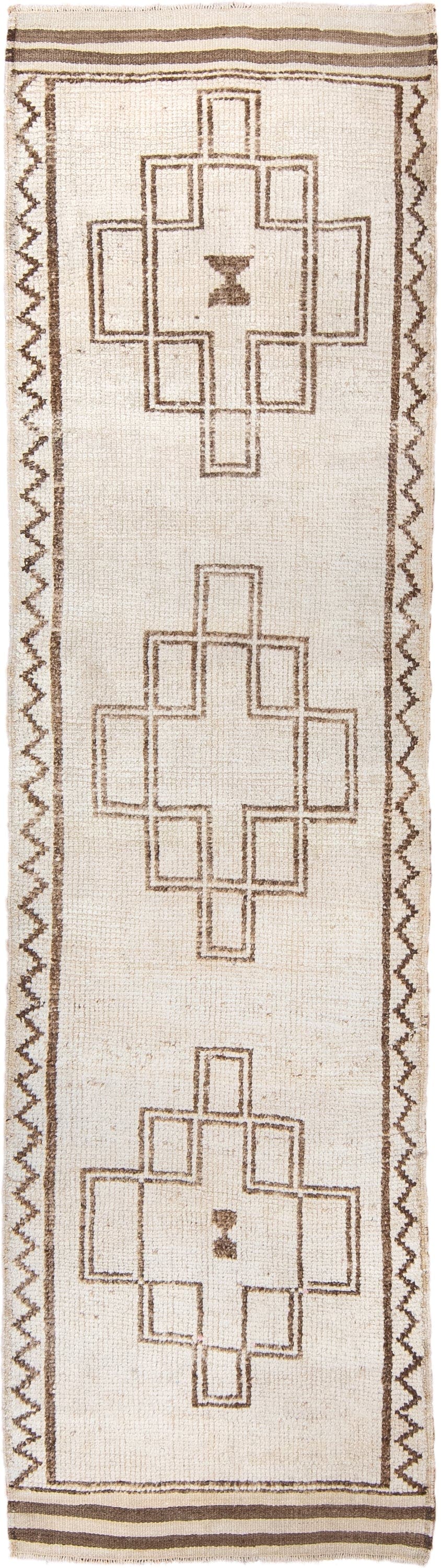2' x 10' one-of-a-kind handmade vintage Kars runner rug. Color palette: ivory, taupe, brown, beige, gray