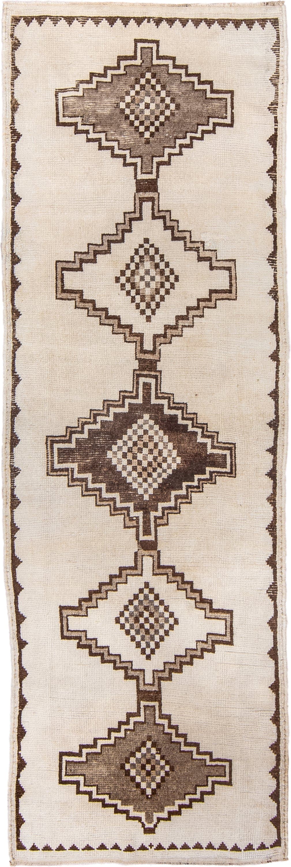 3' x 10' one-of-a-kind handmade vintage Kars runner rug. Color palette: ivory, brown, taupe, camel, beige, gray