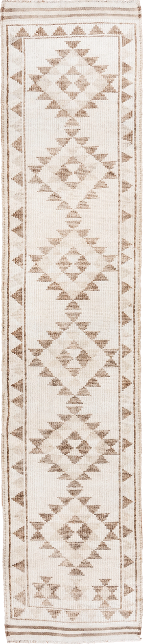 2' x 12' one-of-a-kind handmade vintage Kars runner rug. Color palette: ivory, taupe, beige, camel, gray