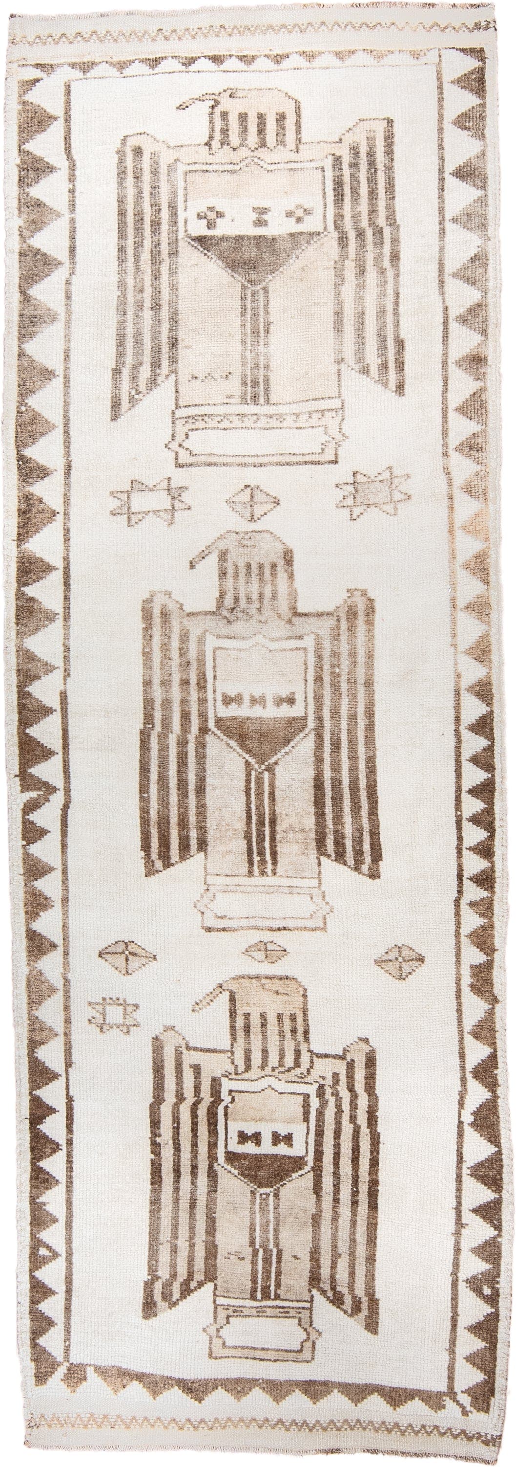 3' x 10' one-of-a-kind handmade vintage Kars runner rug. Color palette: ivory, taupe, brown, camel, beige, gray