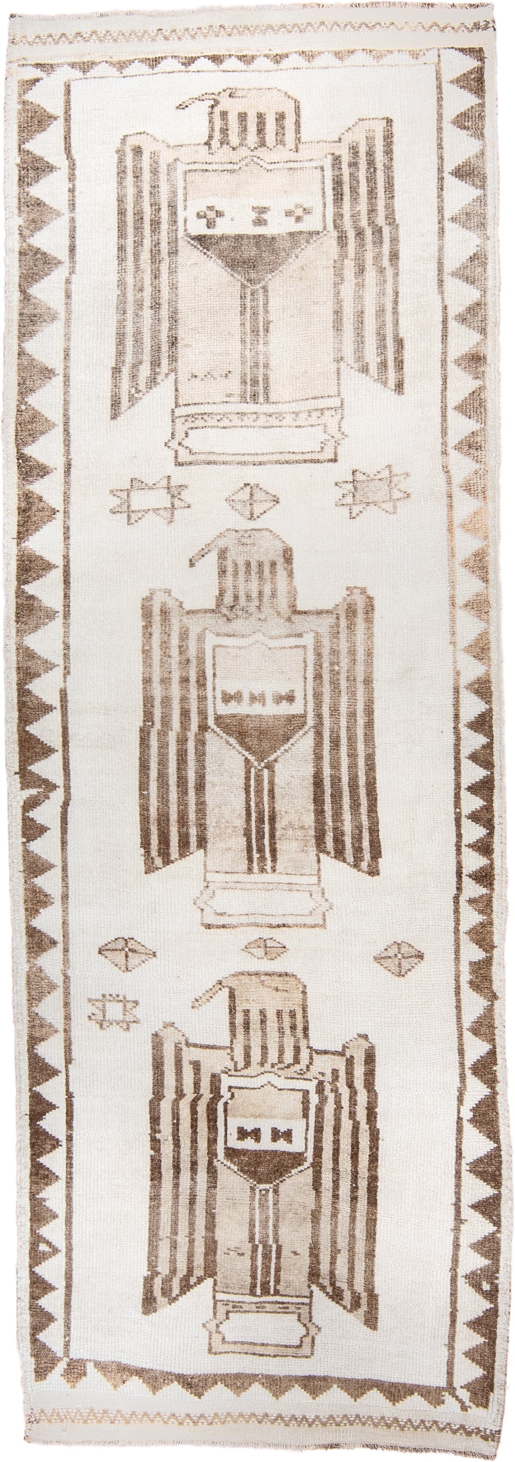3' x 10' one-of-a-kind handmade vintage Kars runner rug. Color palette: ivory, taupe, brown, camel, beige, gray