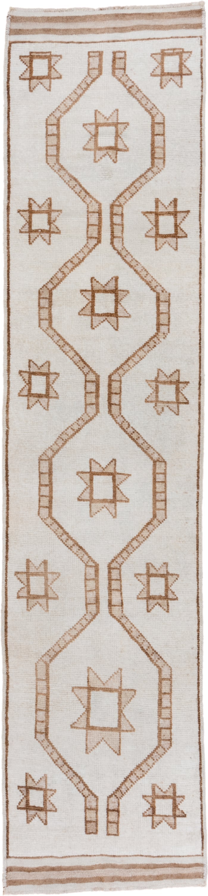 3' x 14' one-of-a-kind handmade antique Kars runner rug. Color palette: ivory, camel, taupe, beige, gray