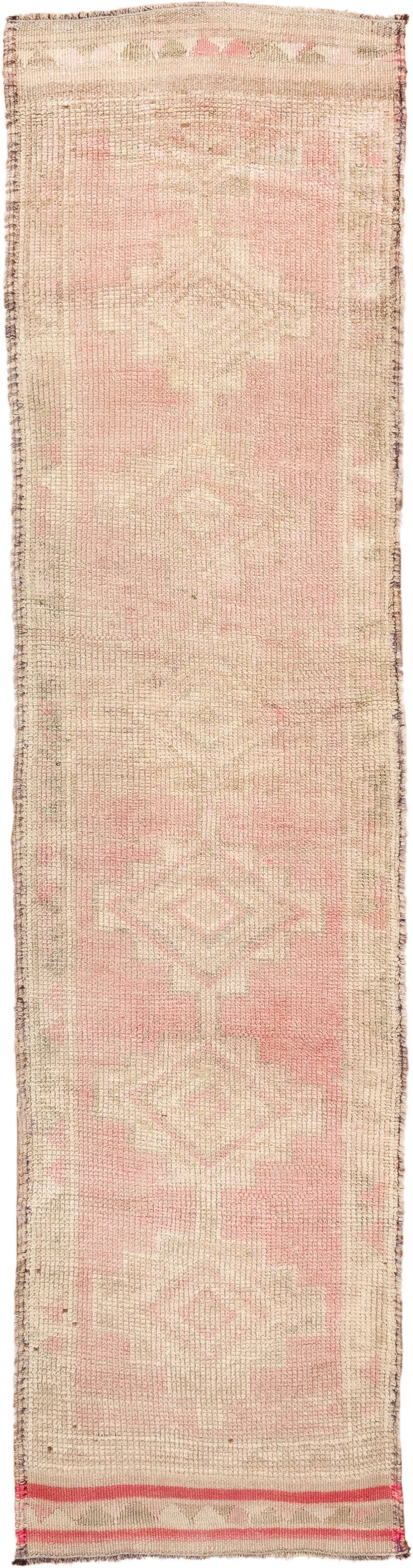2' x 10' one-of-a-kind handmade antique Kars runner rug. Color palette: blush, ivory, cream, taupe, rose, camel, pink, beige