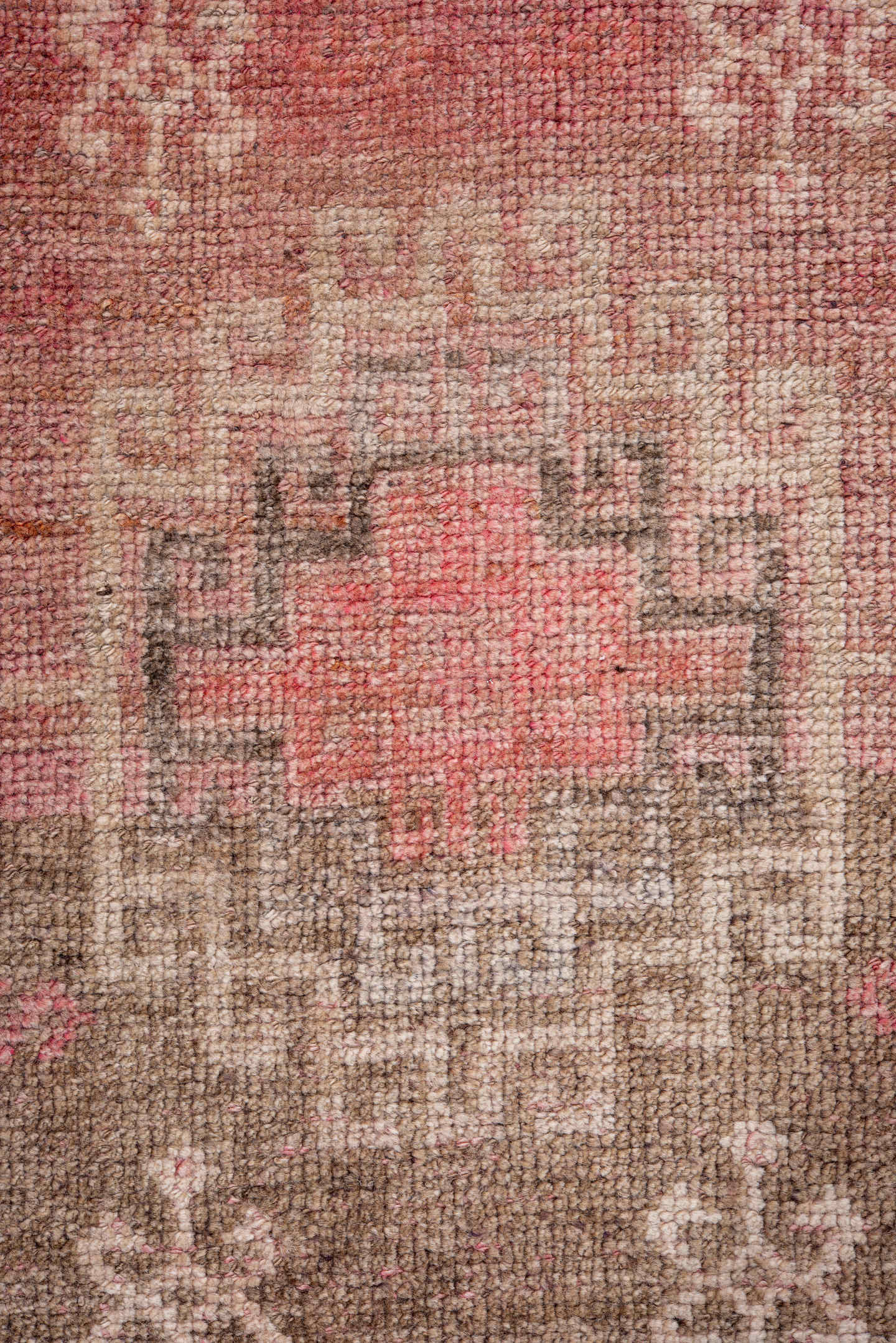 3' x 9' one-of-a-kind handmade vintage Kars runner rug. Color palette: rose, taupe, ivory, dusty pink, soft brown, charcoal