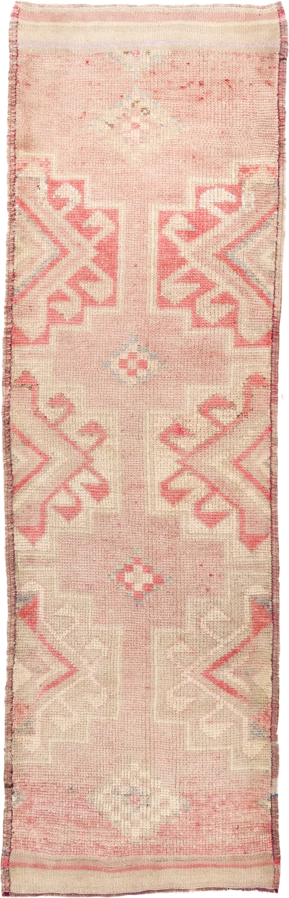 3' x 10' one-of-a-kind handmade vintage Kars runner rug. Color palette: blush, ivory, taupe, coral, rose, beige, pink, gray