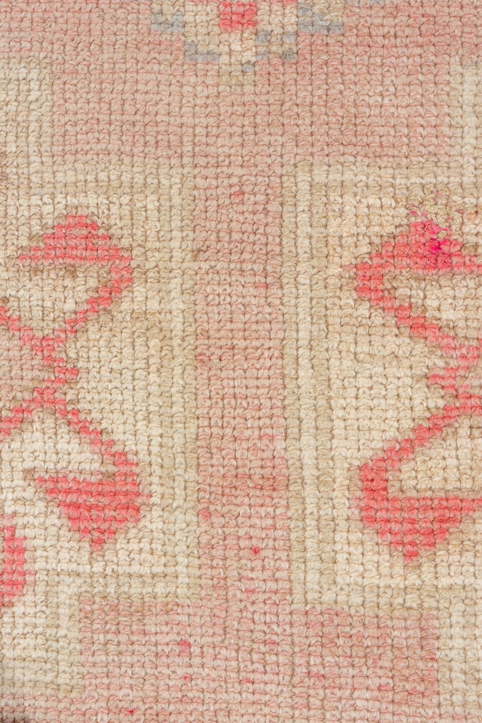 3' x 10' one-of-a-kind handmade vintage Kars runner rug. Color palette: blush, ivory, taupe, coral, rose, beige, pink, gray