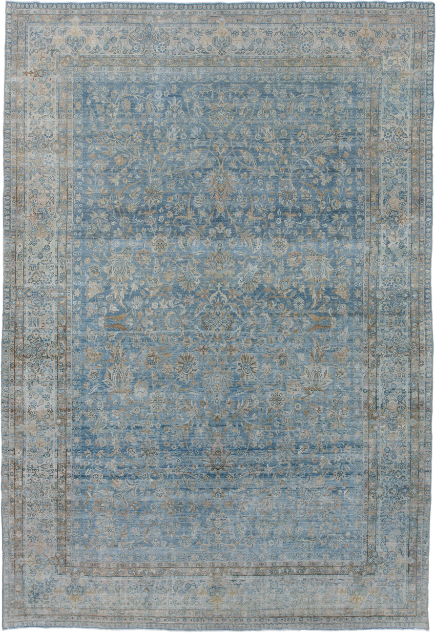 9' x 14' one-of-a-kind handmade antique Kerman large size rug. Color palette: sky blue, ivory, slate, taupe, beige