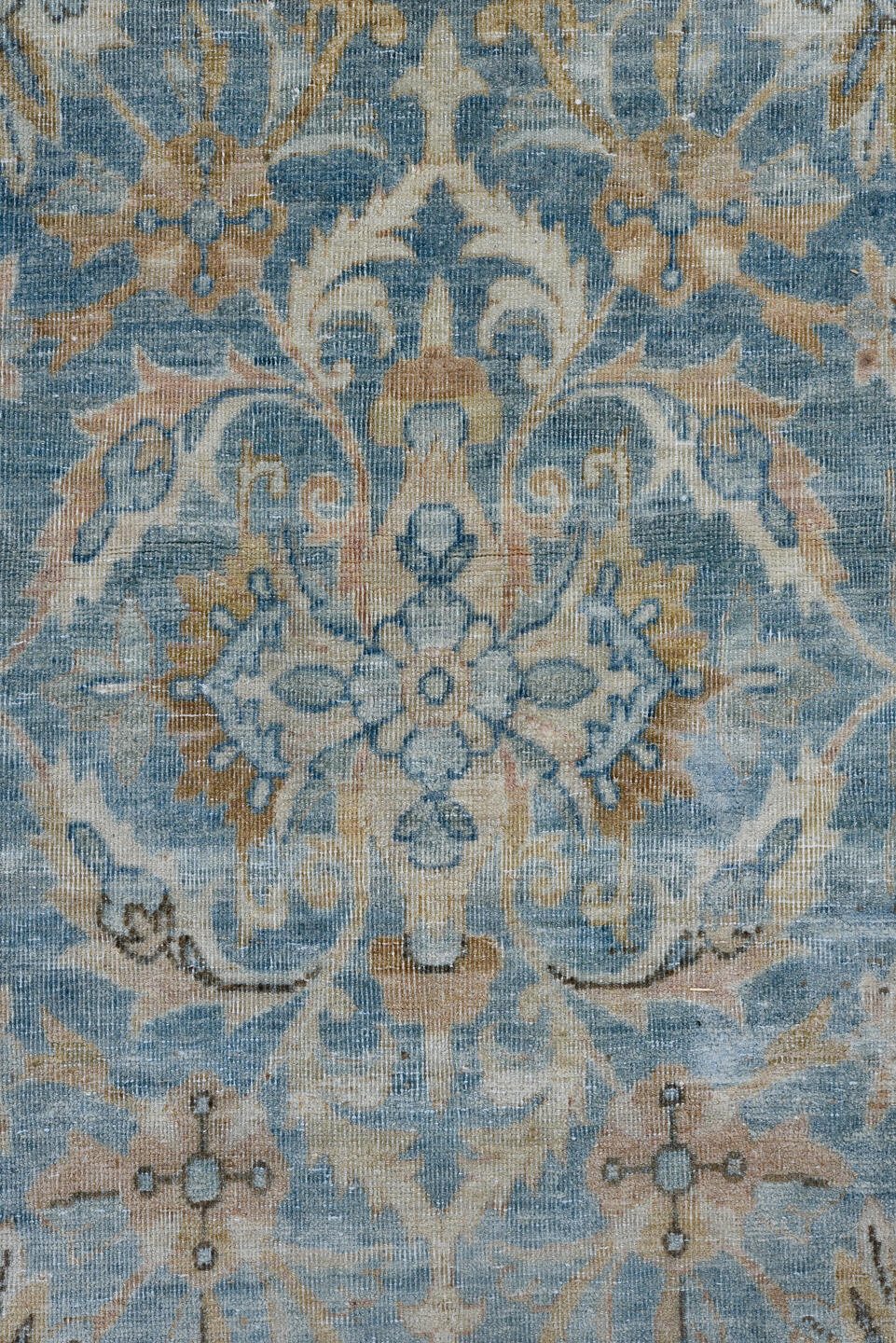9' x 14' one-of-a-kind handmade antique Kerman large size rug. Color palette: sky blue, ivory, slate, taupe, beige
