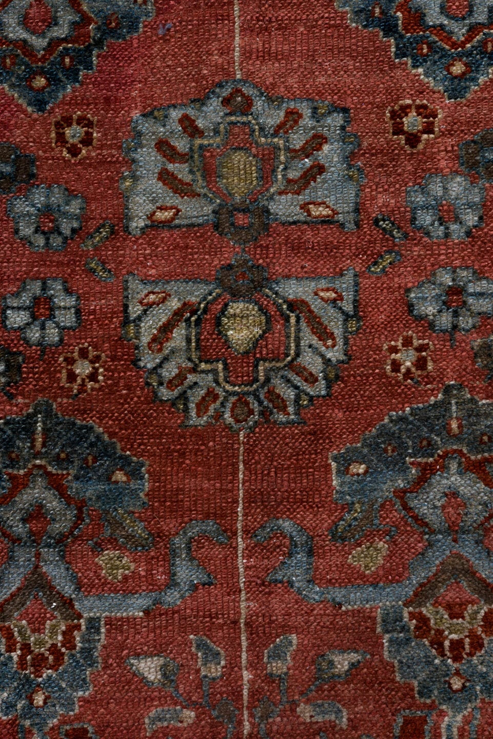 7' x 16' one-of-a-kind handmade antique Lilian rug. Color palette: rust, blue, ivory, slate, burgundy, camel, terracotta