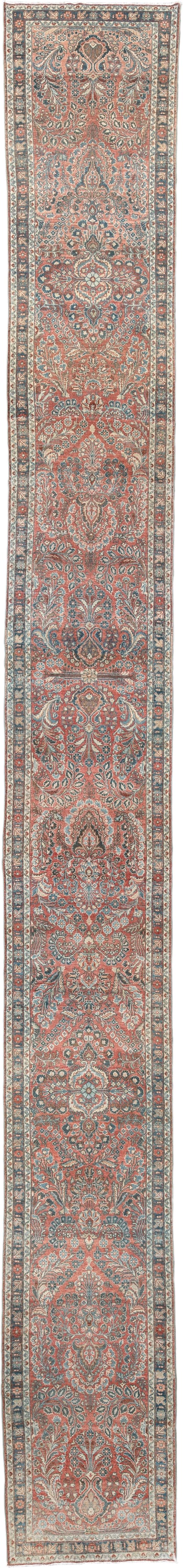 2' x 24' one-of-a-kind handmade vintage Dargazin runner rug. Color palette: terracotta, ivory, slate, dusty blue, camel
