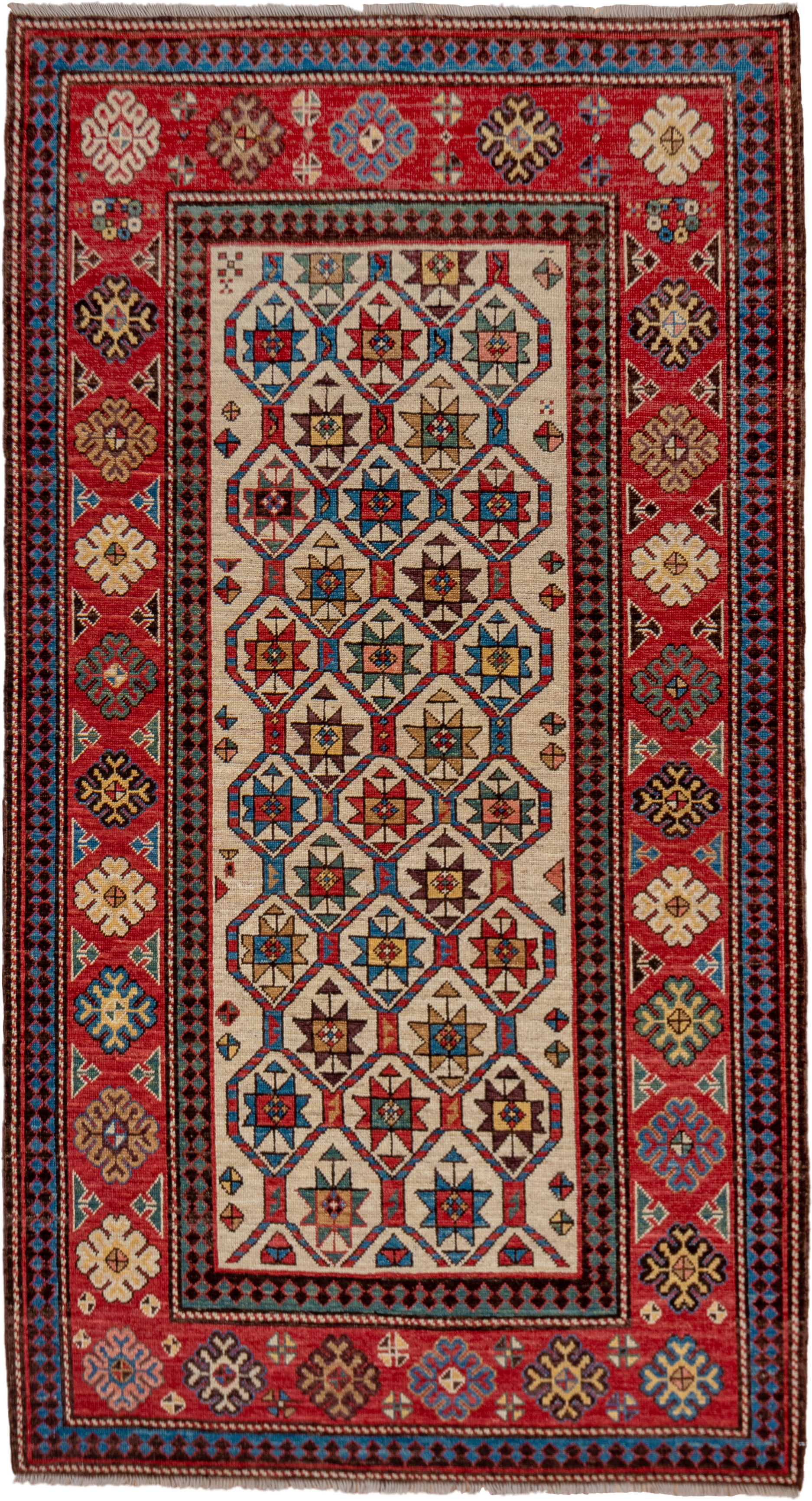 4' x 7' one-of-a-kind handmade vintage Kazak rug. Color palette: red, ivory, sky blue, navy, camel, brown, black, sage