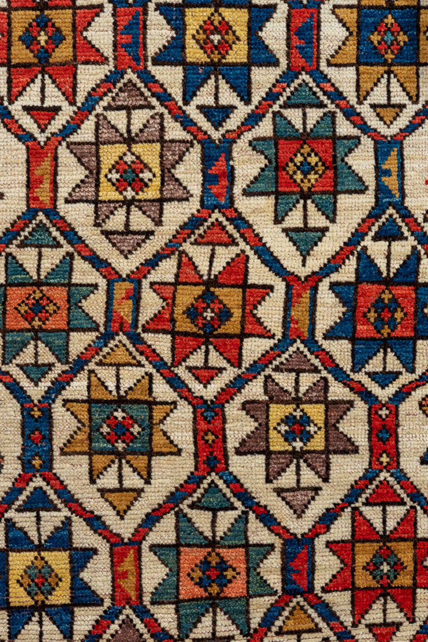 3' x 8' one-of-a-kind handmade vintage Kazak runner rug. Color palette: red, ivory, navy, sky_blue, camel, gold, brown