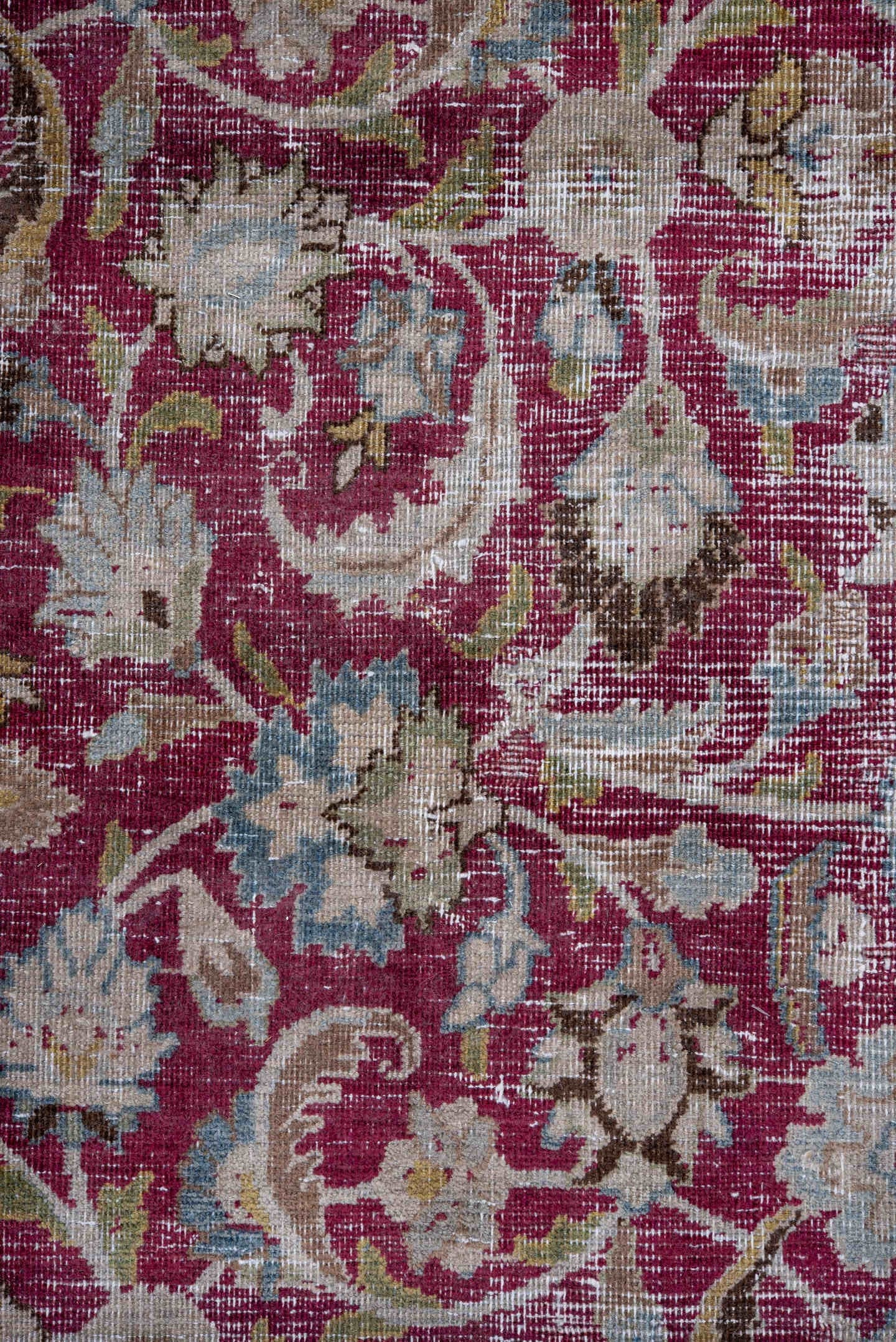 8' x 10' one-of-a-kind handmade antique Meshed large size rug. Color palette: ivory, raspberry, sky blue, taupe, sage, brown