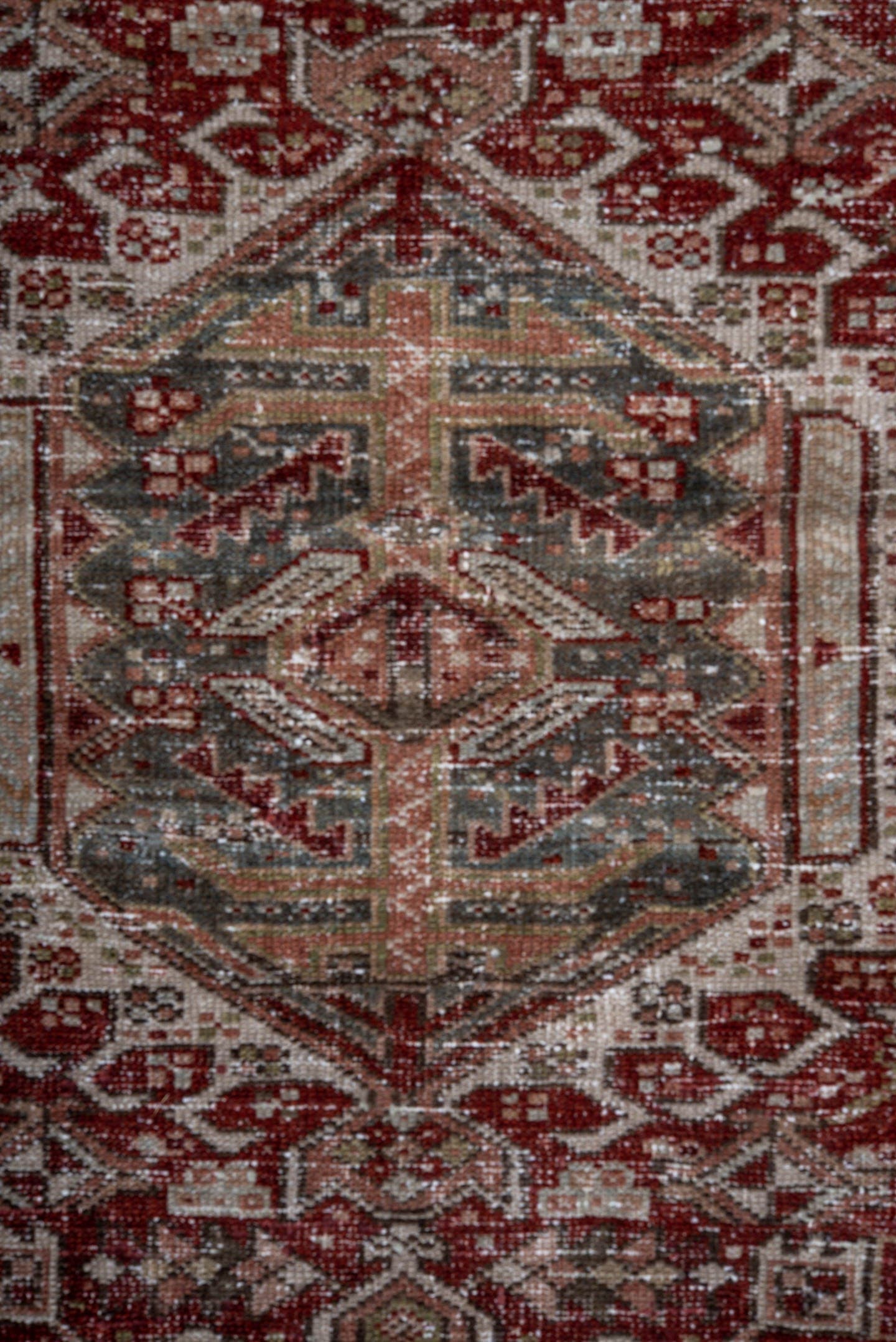 4' x 6' one-of-a-kind handmade antique Karaje small size rug. Color palette: rust, blue_gray, ivory, sage, taupe, burgundy