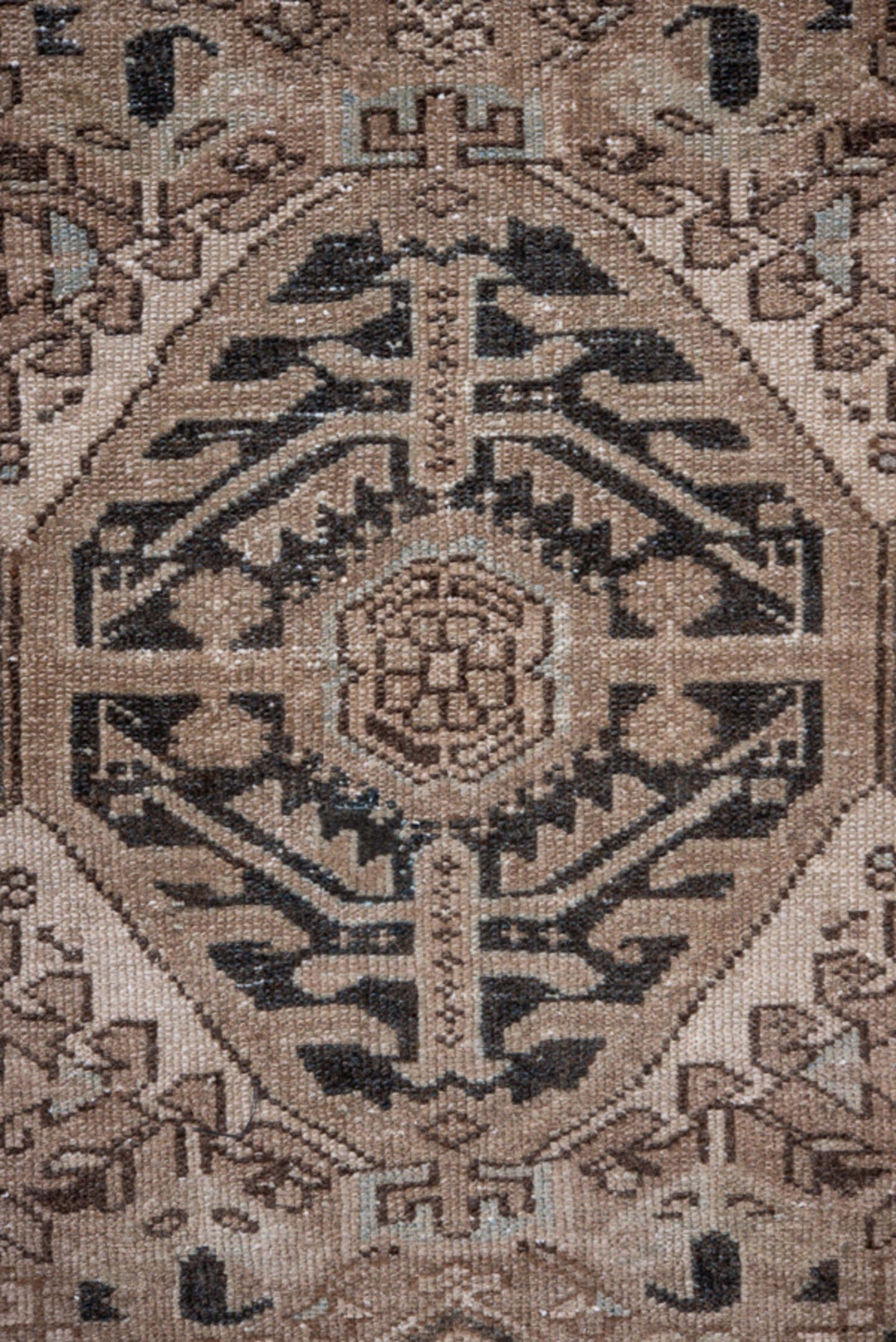4' x 6' one-of-a-kind handmade antique Karaje small size rug. Color palette: taupe, charcoal, ivory, beige, brown, slate