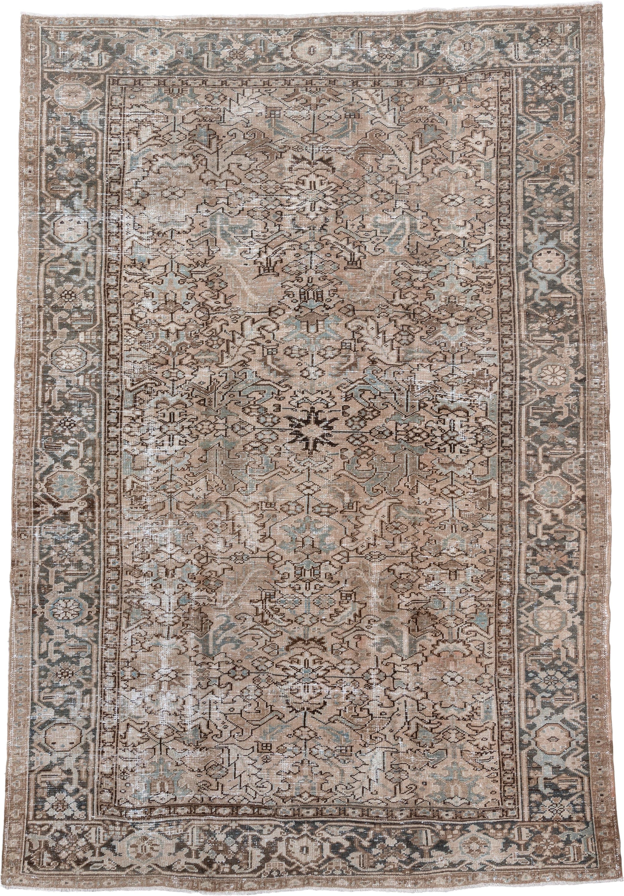 7' x 10' one-of-a-kind handmade antique Heriz large size rug. Color palette: taupe, brown, ivory, charcoal, sage, camel