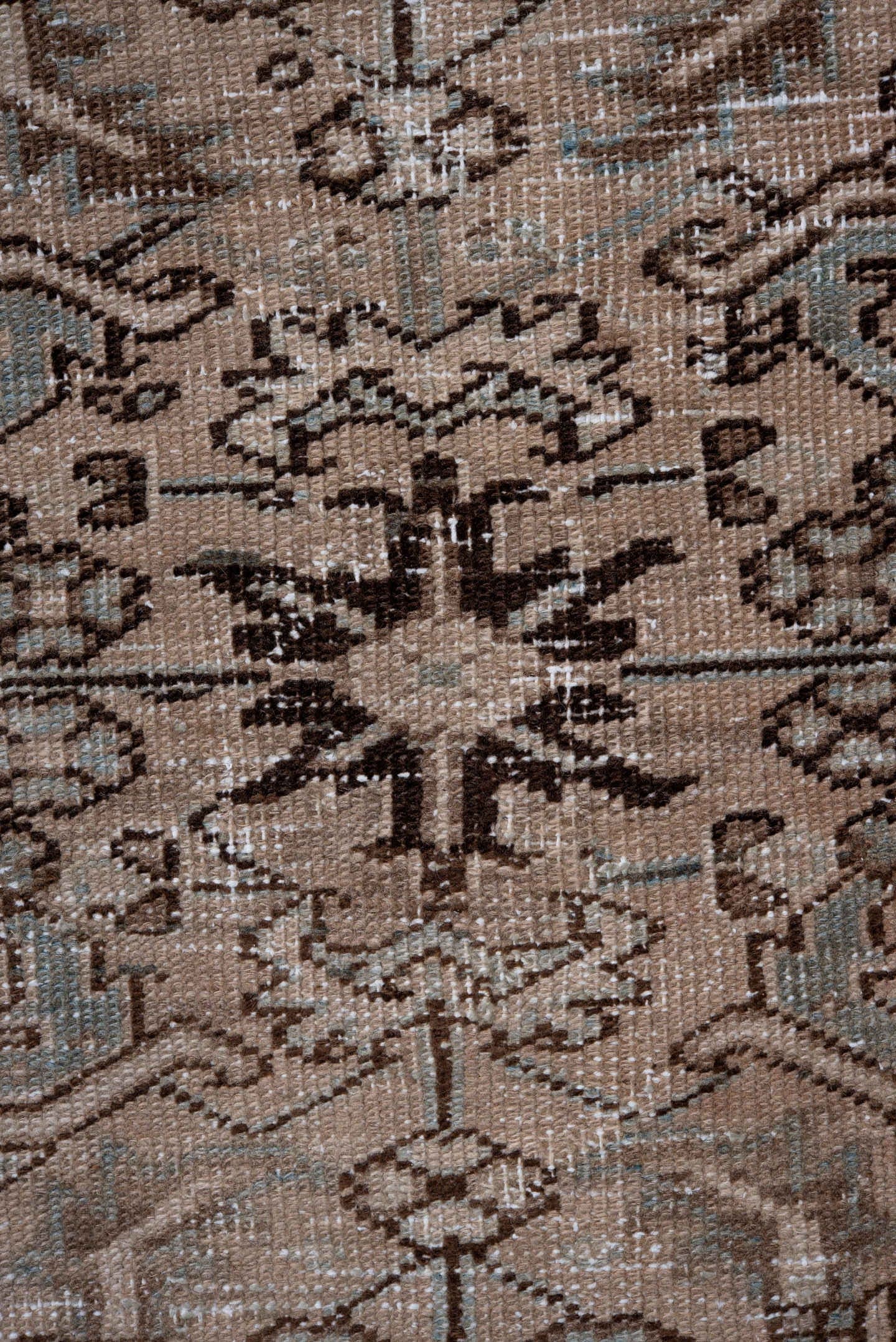7' x 10' one-of-a-kind handmade antique Heriz large size rug. Color palette: taupe, brown, ivory, charcoal, sage, camel
