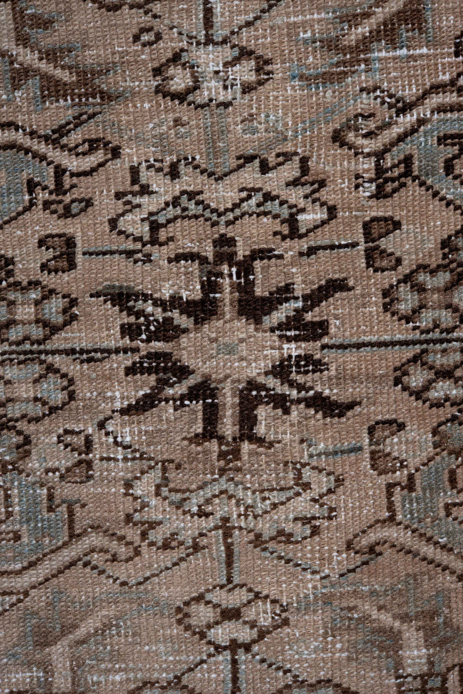 7' x 10' one-of-a-kind handmade antique Heriz large size rug. Color palette: taupe, brown, ivory, charcoal, sage, camel