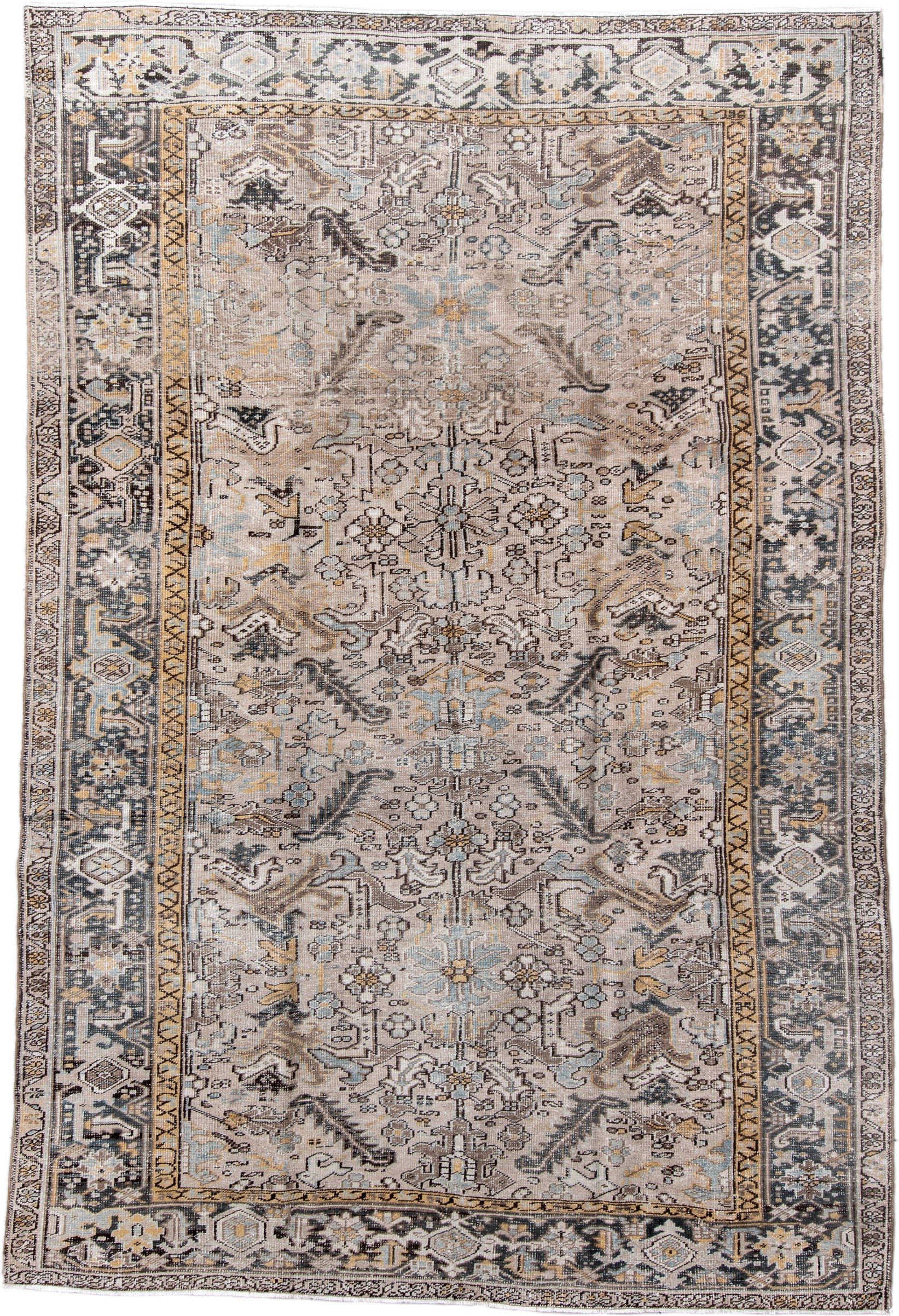 7' x 11' one-of-a-kind handmade antique Heriz large size rug. Color palette: taupe, ivory, charcoal, slate, gold, pale blue