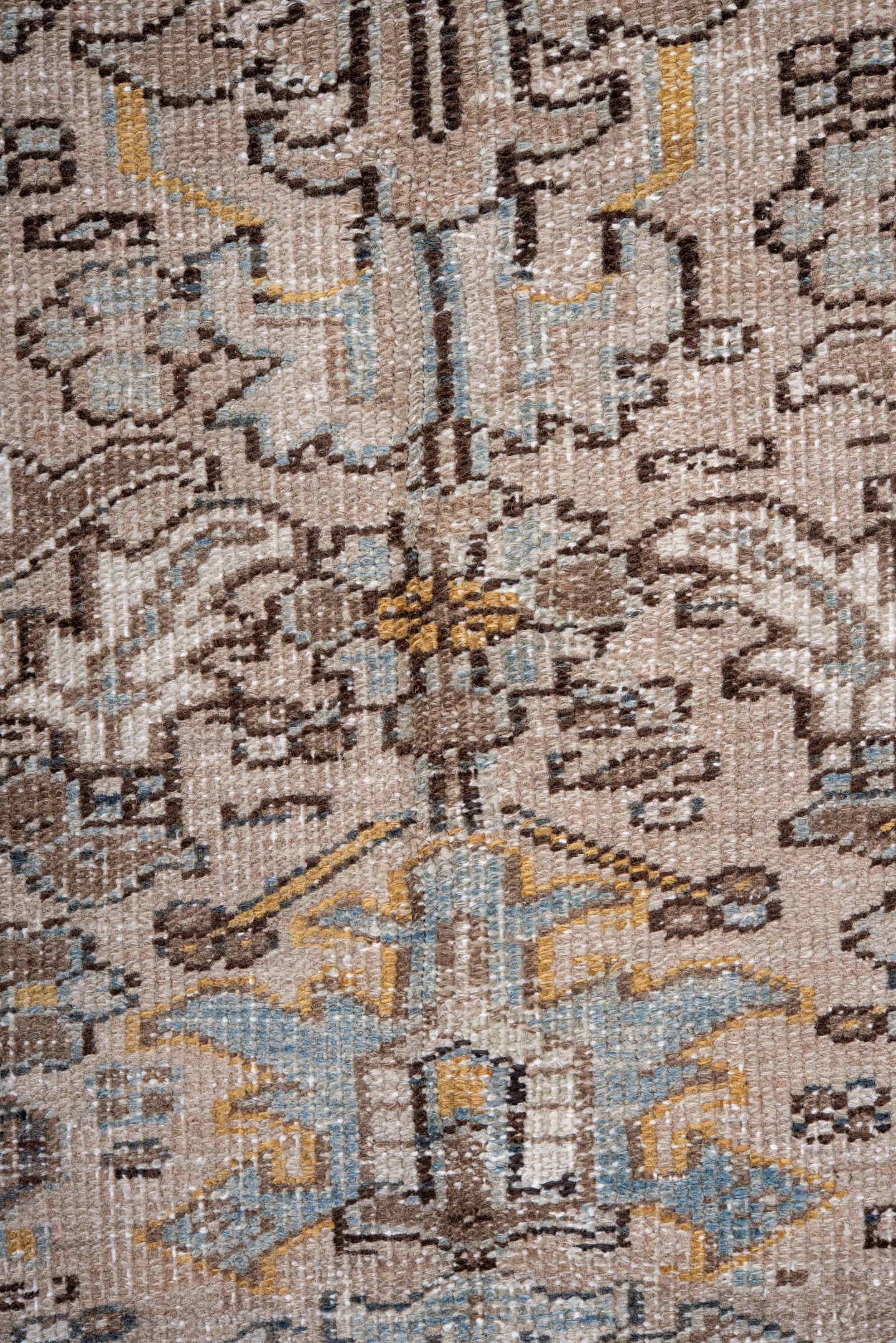 7' x 11' one-of-a-kind handmade antique Heriz large size rug. Color palette: taupe, ivory, charcoal, slate, gold, pale blue