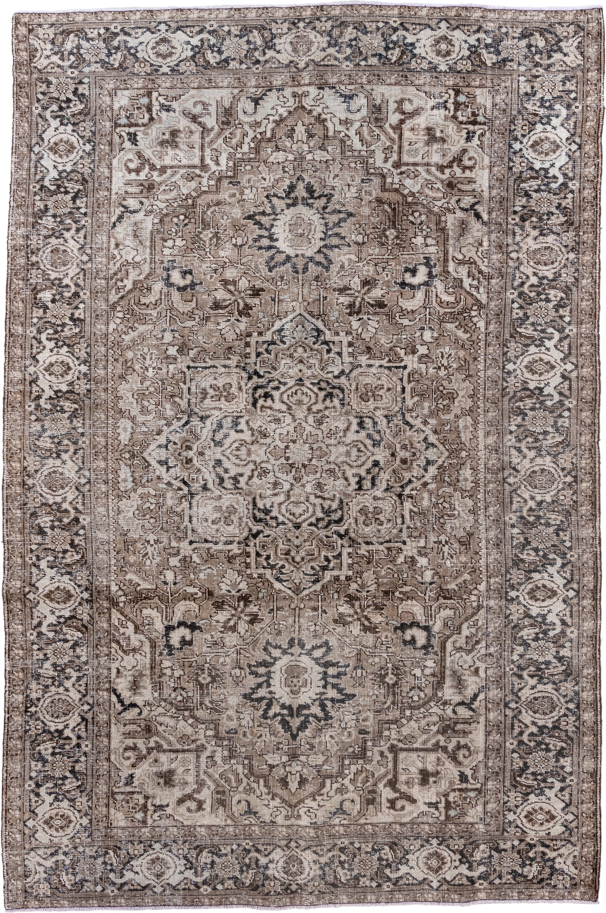 6' x 9' one-of-a-kind handmade antique Heriz medium size rug. Color palette: taupe, ivory, charcoal, brown, beige, gray