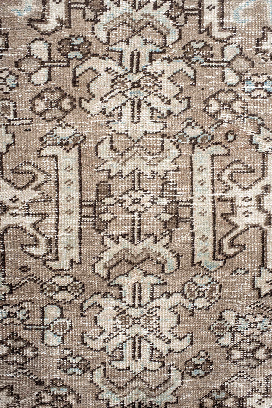 5' x 8' one-of-a-kind handmade antique Heriz medium size rug. Color palette: taupe, ivory, charcoal, brown, pale blue, cream