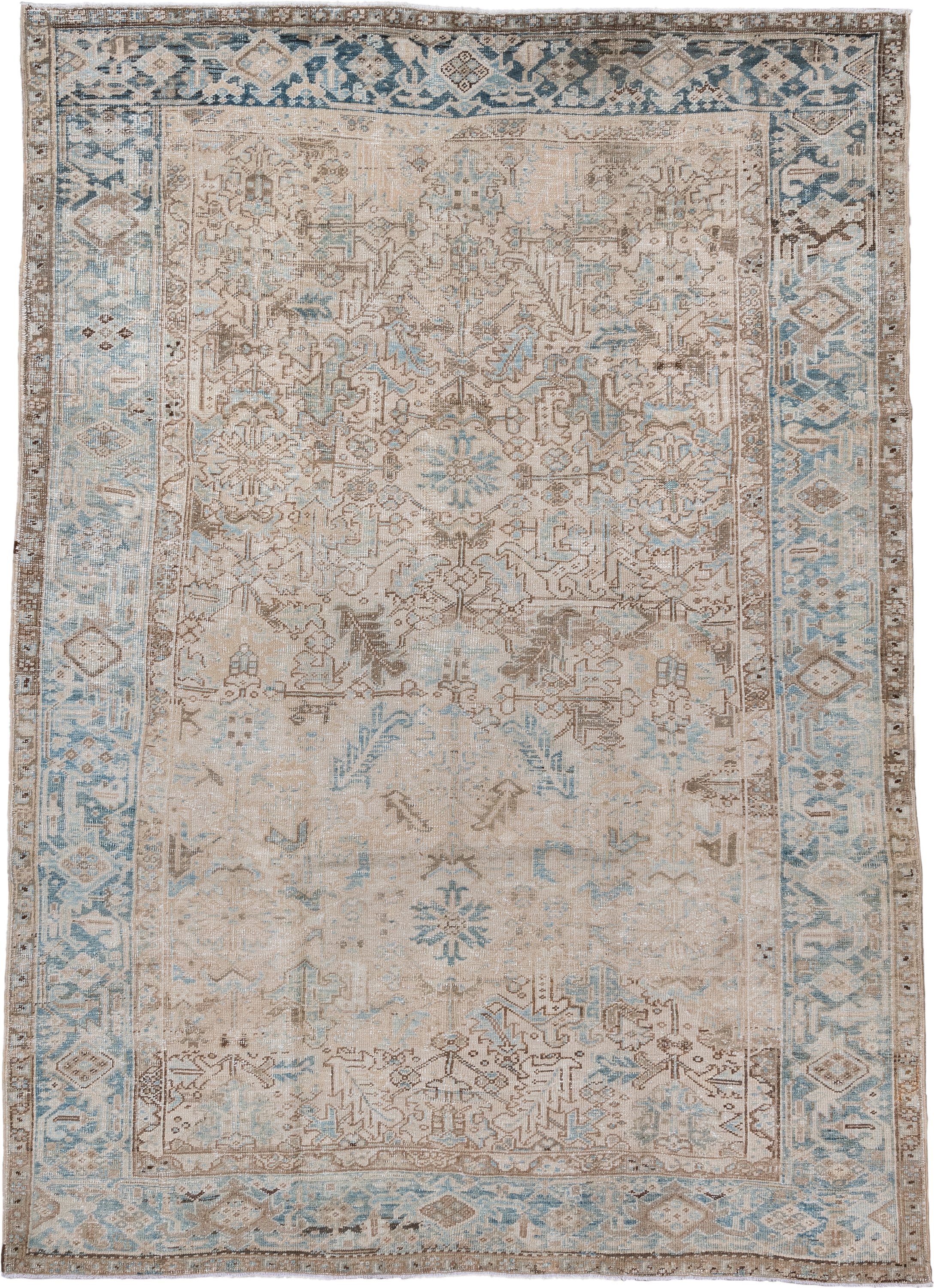 7' x 10' one-of-a-kind handmade antique Heriz large size rug. Color palette: ivory, sky blue, taupe, beige, camel, brown