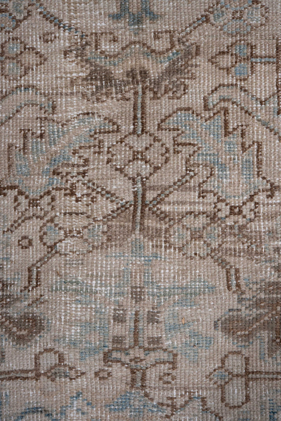 7' x 10' one-of-a-kind handmade antique Heriz large size rug. Color palette: ivory, sky blue, taupe, beige, camel, brown