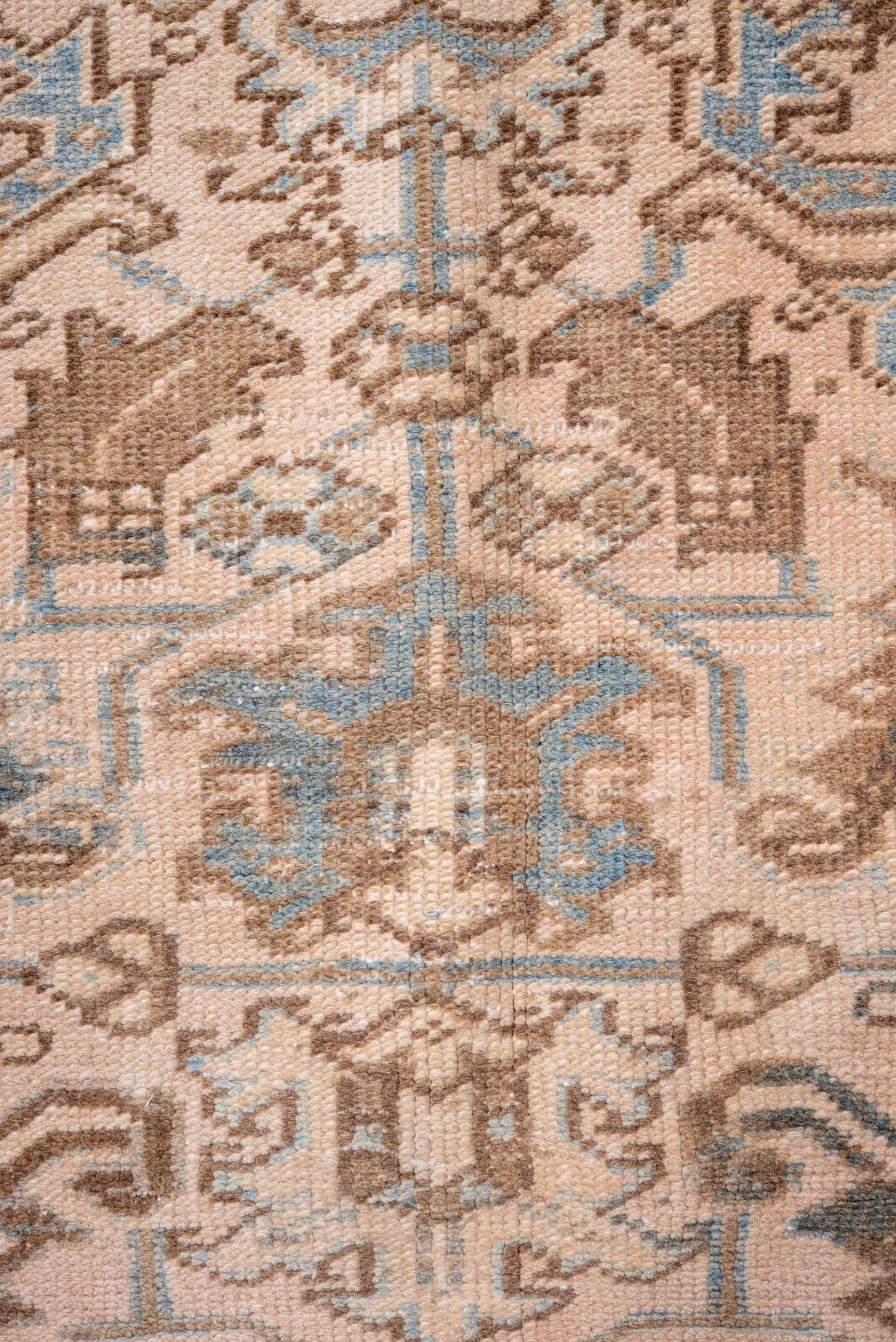 7' x 9' one-of-a-kind handmade antique Heriz rug. Color palette: ivory, taupe, sky blue, brown, camel, slate, beige, gray