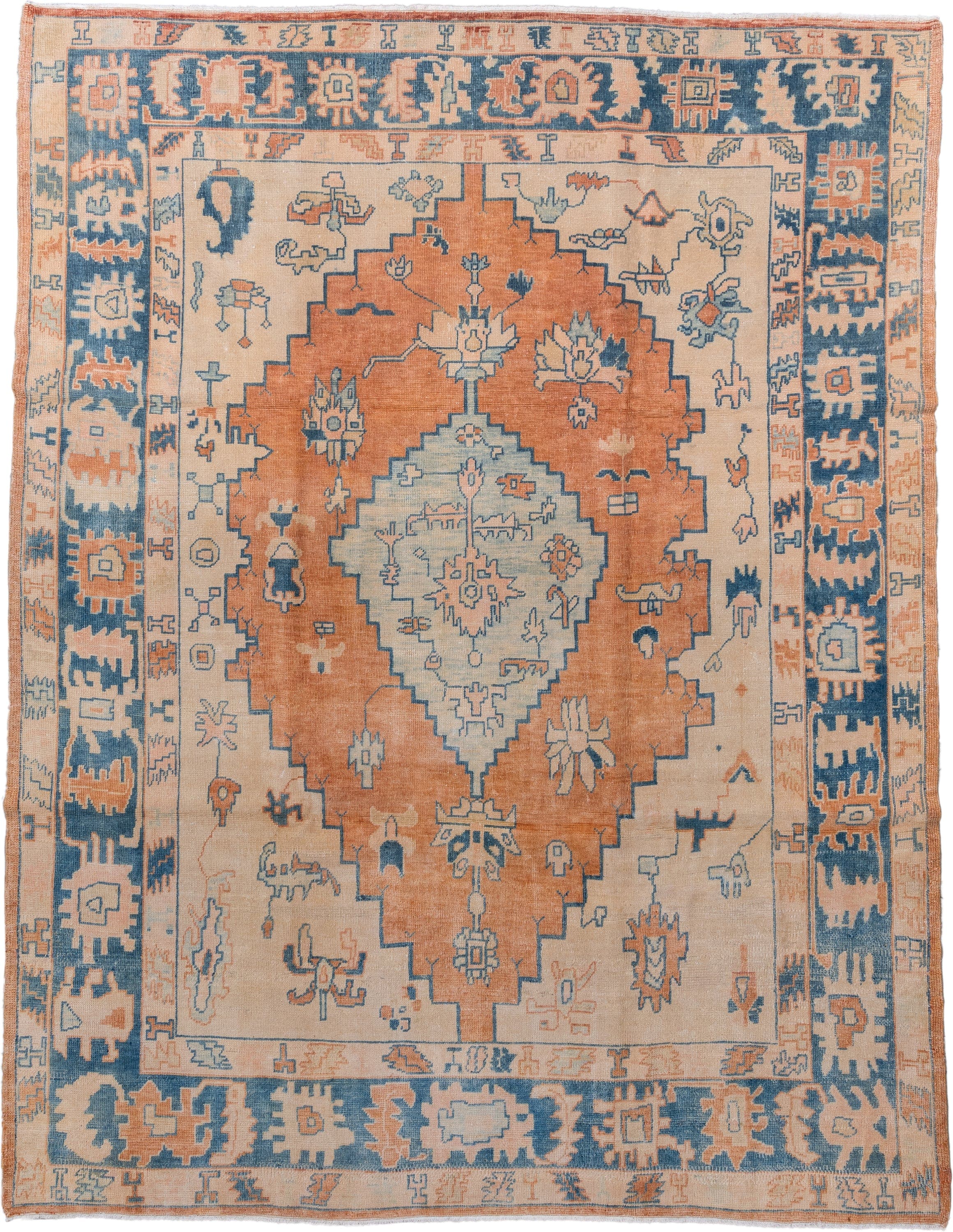 7' x 10' one-of-a-kind handmade antique Oushak large size rug. Color palette: ivory, peach, denim, sky blue, terra cotta