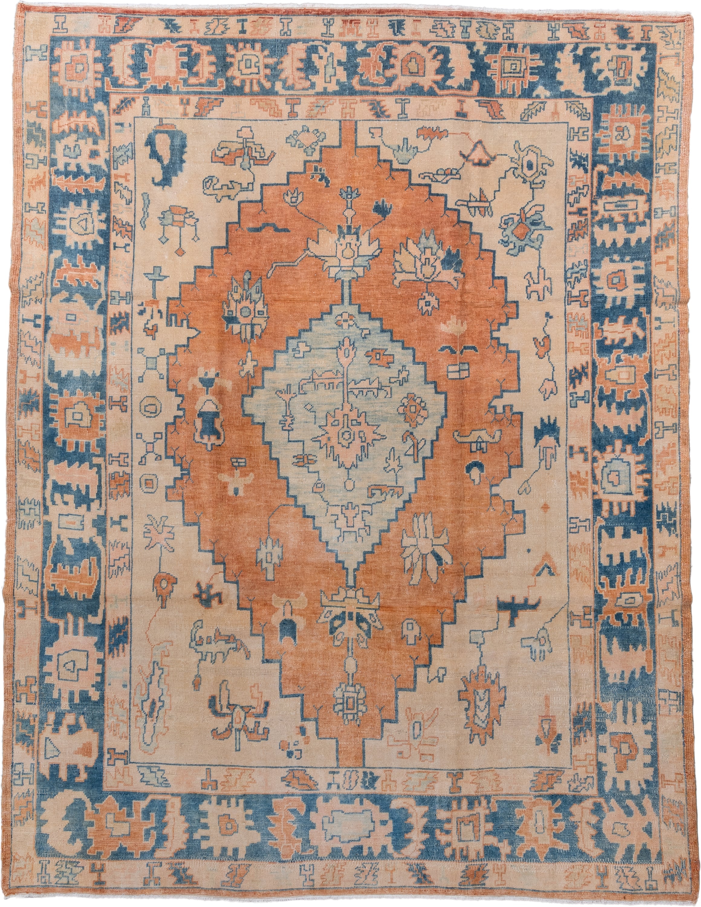7' x 10' one-of-a-kind handmade antique Oushak large size rug. Color palette: ivory, peach, denim, sky blue, terra cotta