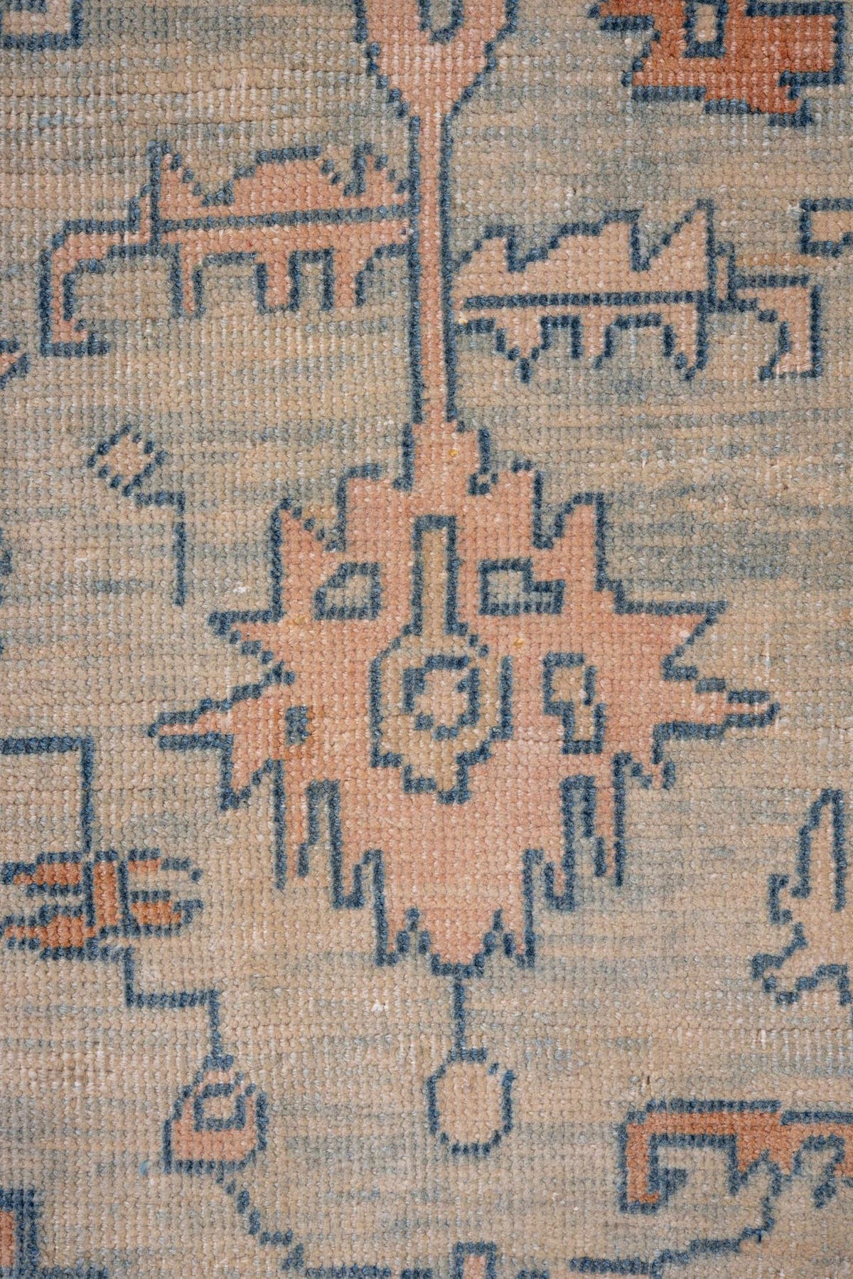 7' x 10' one-of-a-kind handmade antique Oushak large size rug. Color palette: ivory, peach, denim, sky blue, terra cotta
