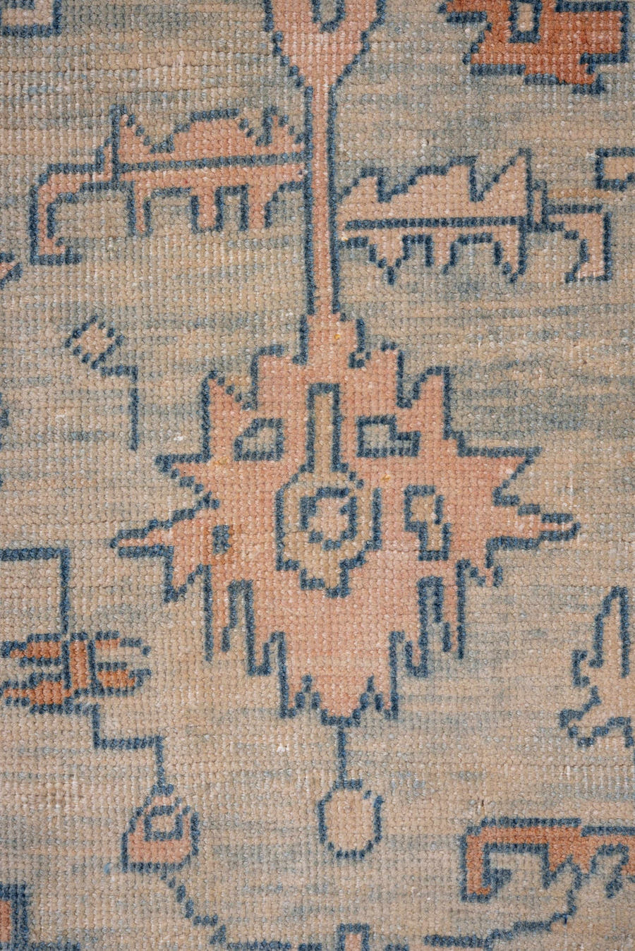 7' x 10' one-of-a-kind handmade antique Oushak large size rug. Color palette: ivory, peach, denim, sky blue, terra cotta