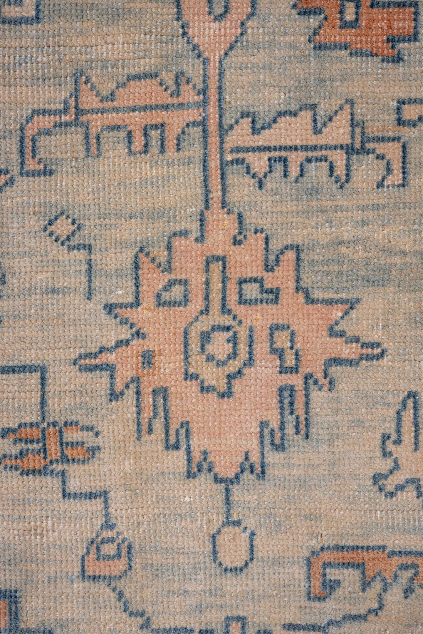 7' x 10' one-of-a-kind handmade antique Oushak large size rug. Color palette: ivory, peach, denim, sky blue, terra cotta