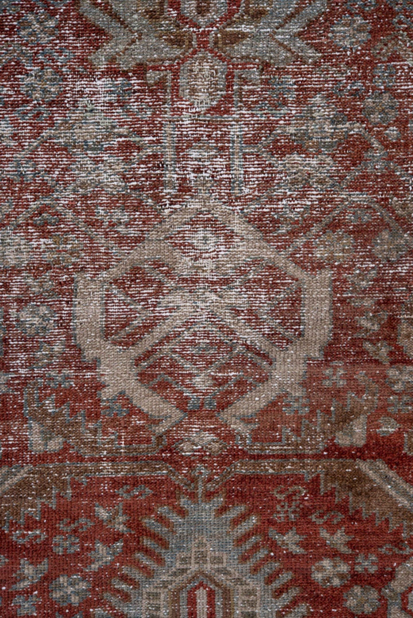 4' x 6' one-of-a-kind handmade antique Malayer small size rug. Color palette: rust, ivory, pale blue, taupe, brick, sage