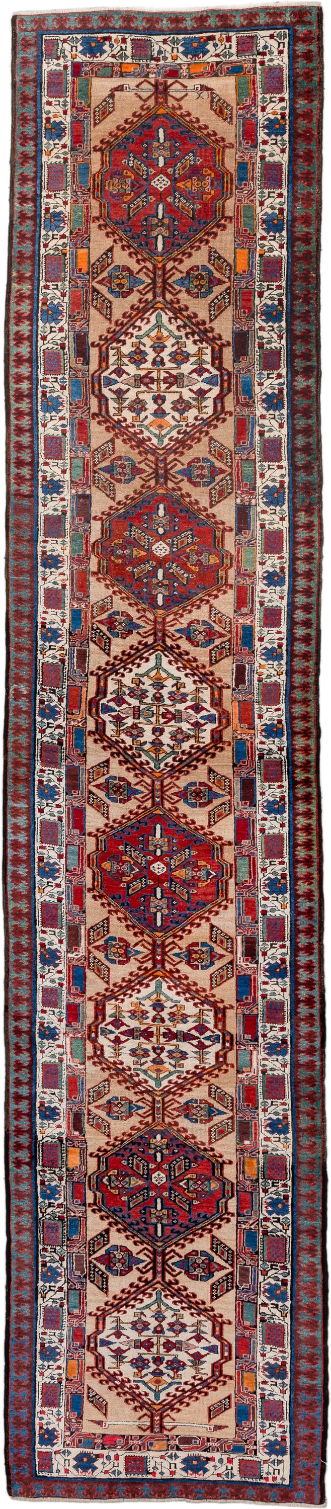 3' x 15' one-of-a-kind handmade antique Sarab runner rug. Color palette: ivory, rust, indigo, crimson, navy, camel, blue