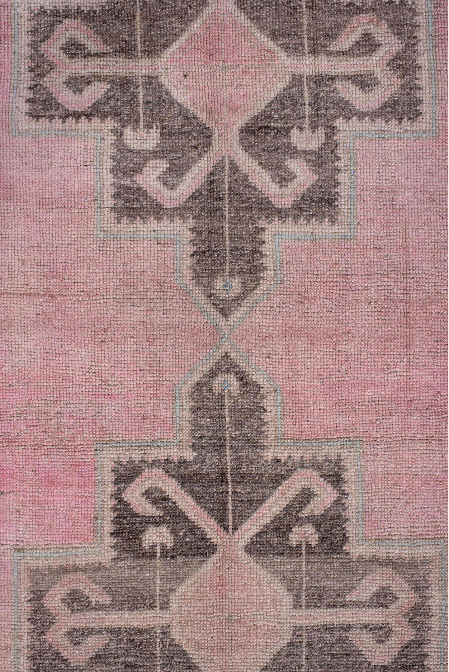 4' x 13' one-of-a-kind handmade antique Oushak runner rug. Color palette: blush, ivory, taupe, charcoal, rose, pale blue