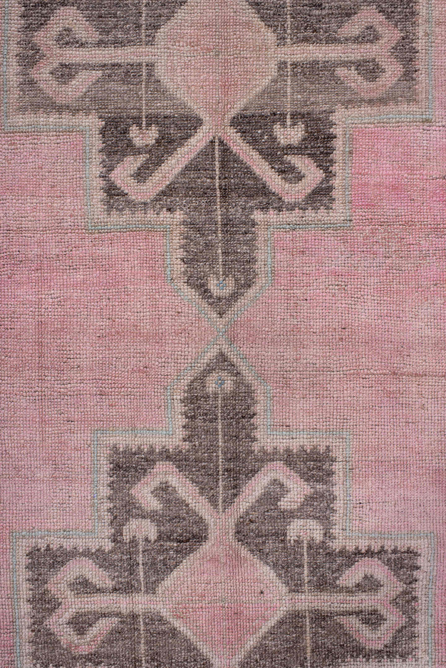4' x 13' one-of-a-kind handmade antique Oushak runner rug. Color palette: blush, ivory, taupe, charcoal, rose, pale blue