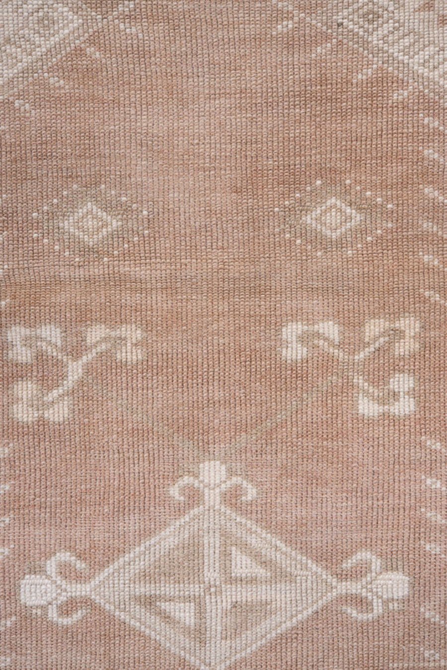 3' x 7' one-of-a-kind handmade vintage Oushak rug. Color palette: blush, ivory, taupe, camel, pink, beige, gray