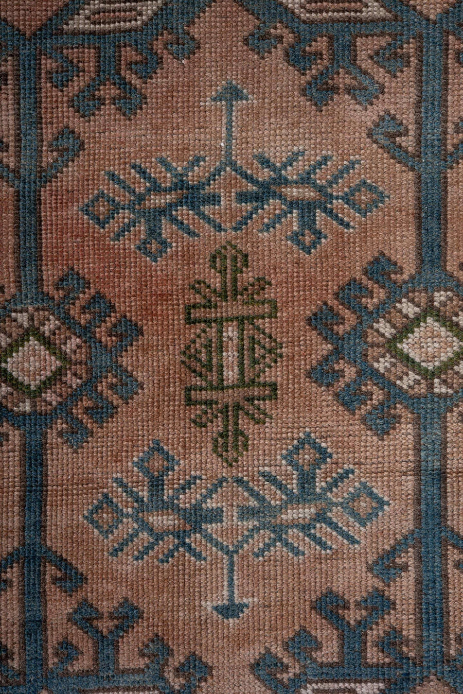 4' x 6' one-of-a-kind handmade antique Oushak small size rug. Color palette: blush, teal, taupe, olive, ivory, brown, pink