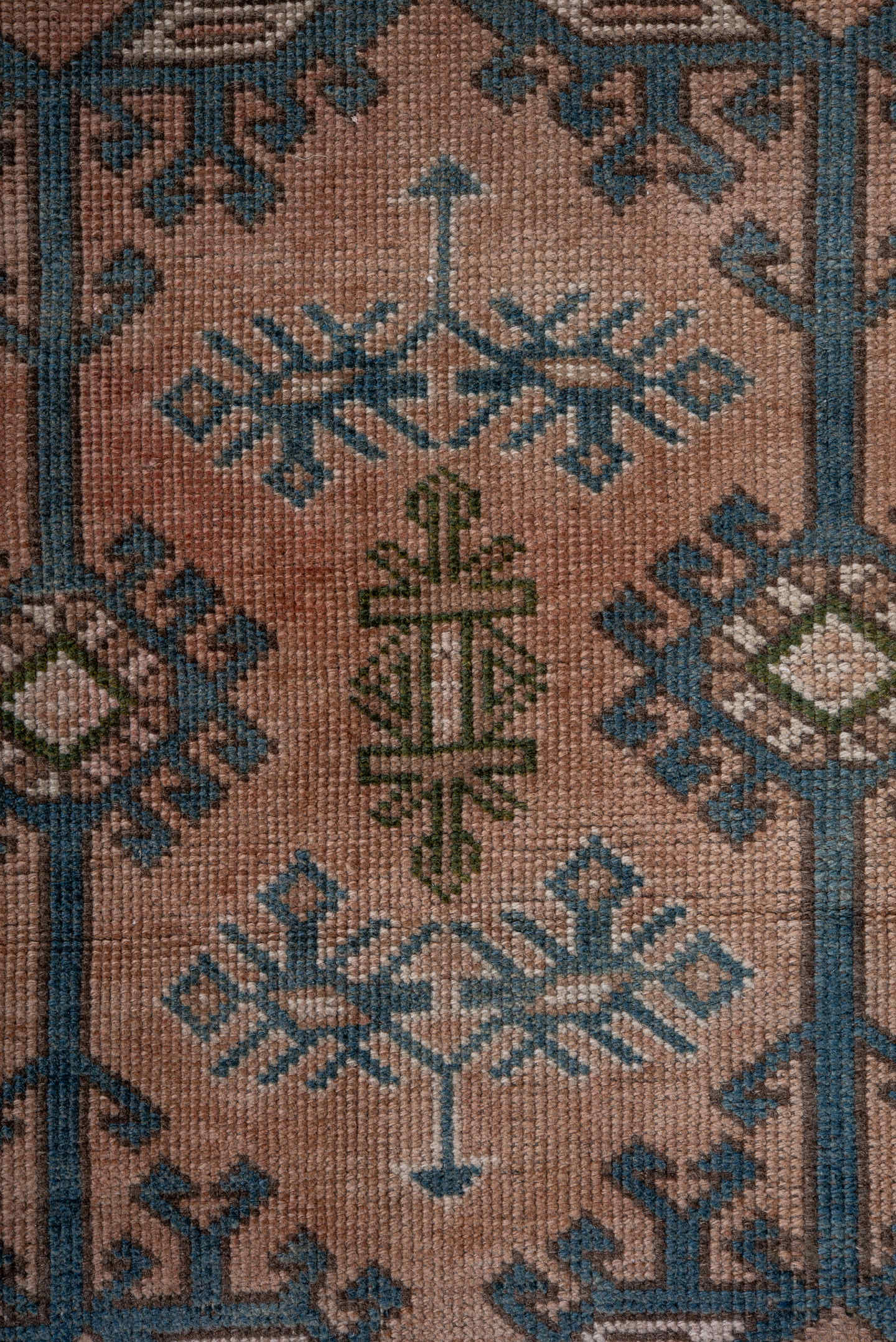 4' x 6' one-of-a-kind handmade antique Oushak small size rug. Color palette: blush, teal, taupe, olive, ivory, brown, pink