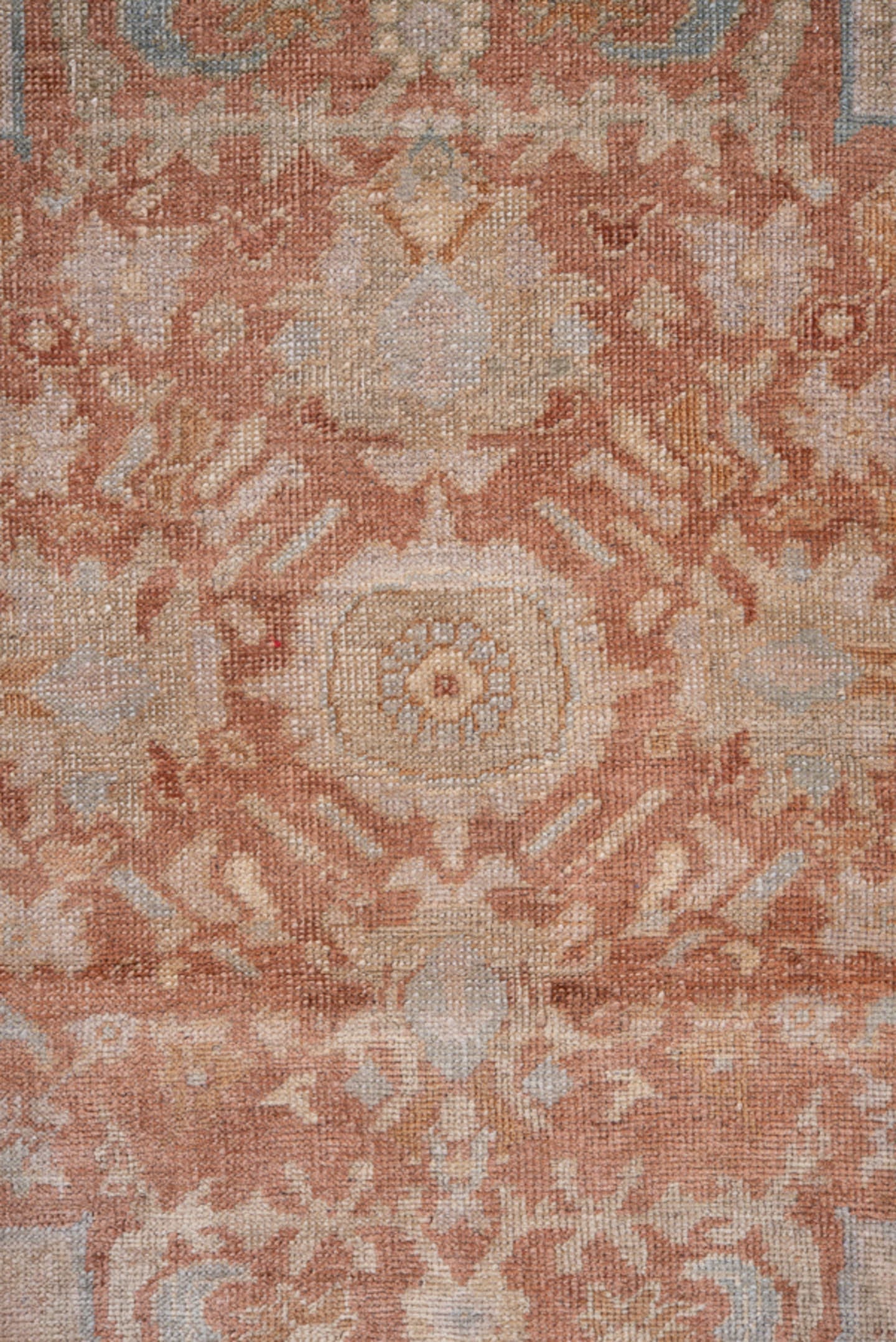 4' x 6' one-of-a-kind handmade antique Oushak small size rug. Color palette: blush, terracotta, ivory, pale blue, taupe