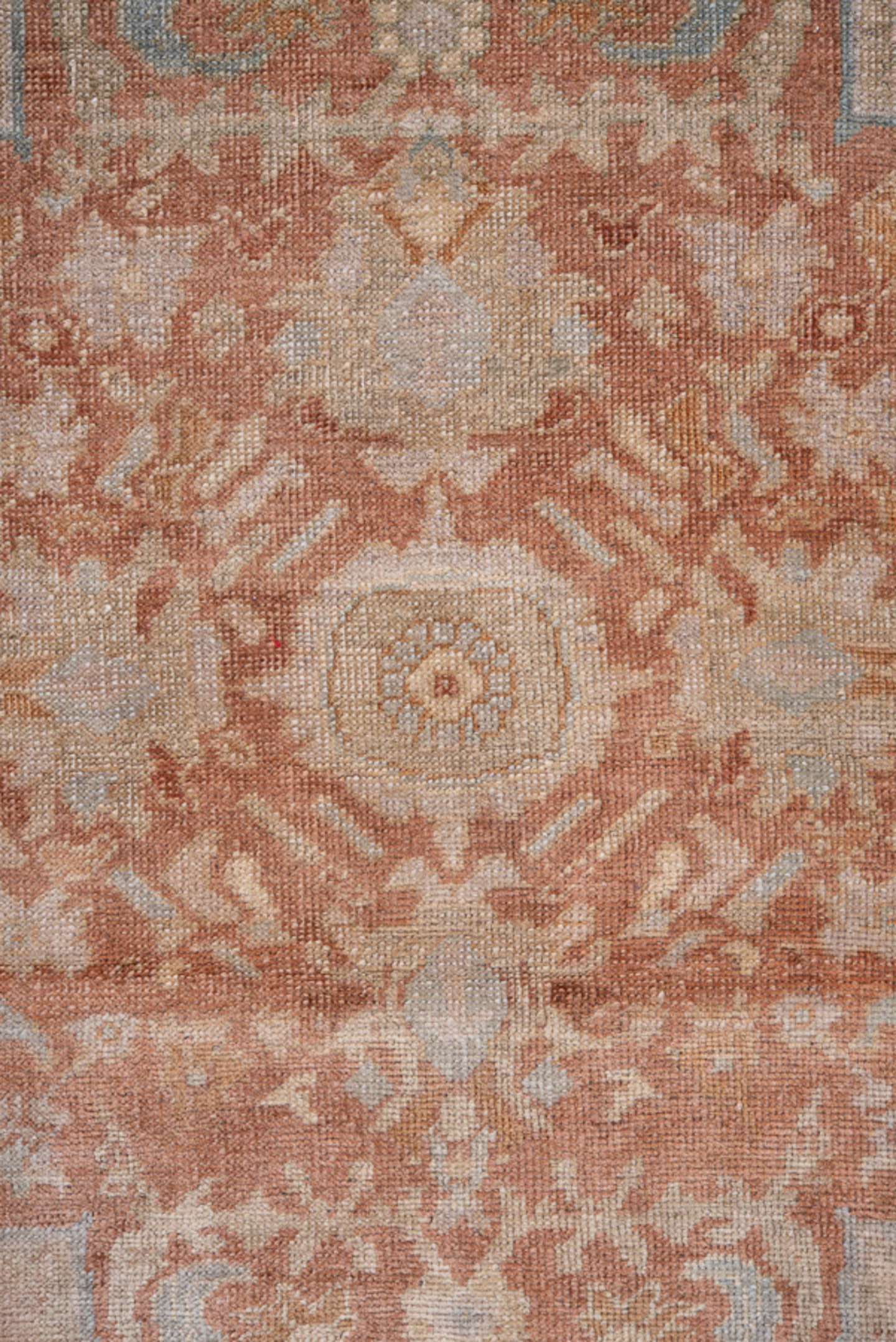 4' x 6' one-of-a-kind handmade antique Oushak small size rug. Color palette: blush, terracotta, ivory, pale blue, taupe