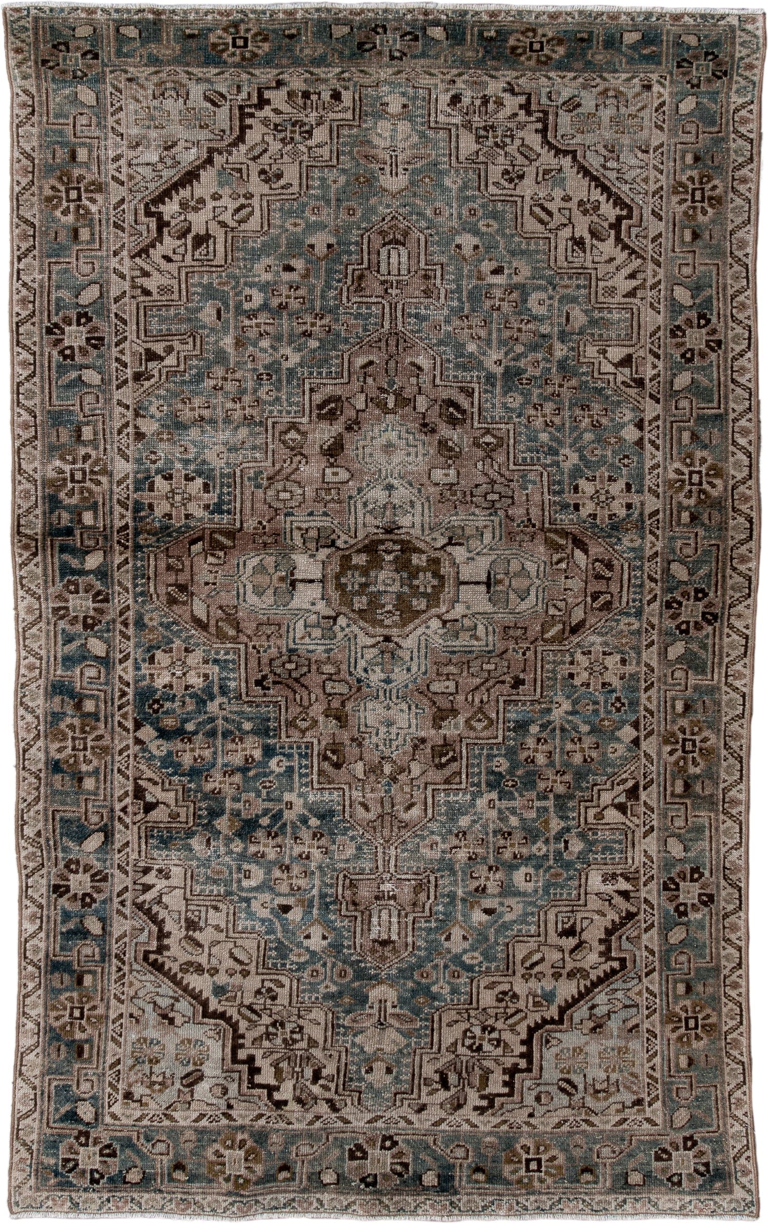 4' x 7' one-of-a-kind handmade antique Hamadan rug. Color palette: aqua, ivory, taupe, brown, charcoal, beige, teal, gray