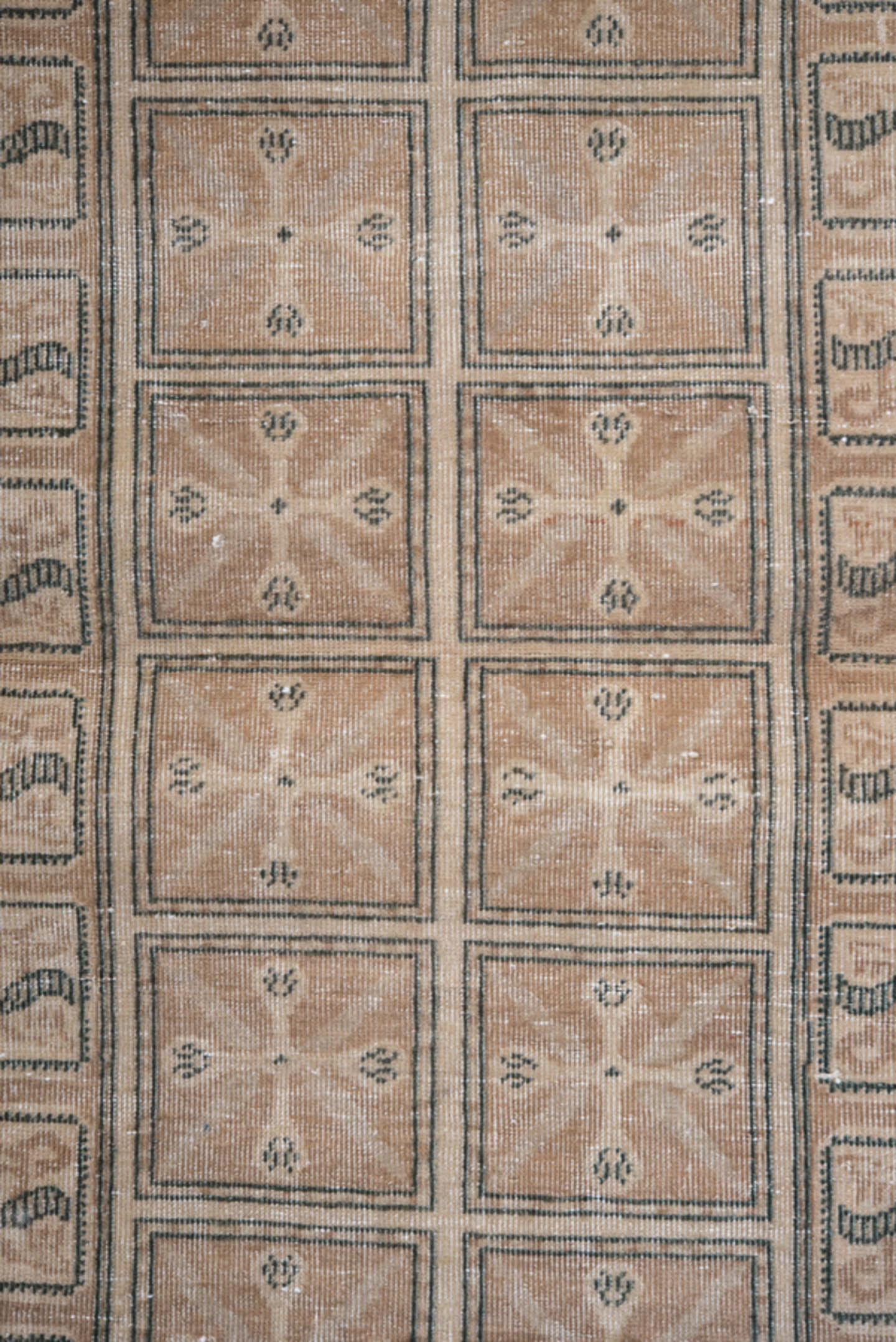 3' x 8' one-of-a-kind handmade antique Sivas runner rug. Color palette: camel, ivory, taupe, sage, brown, charcoal, beige