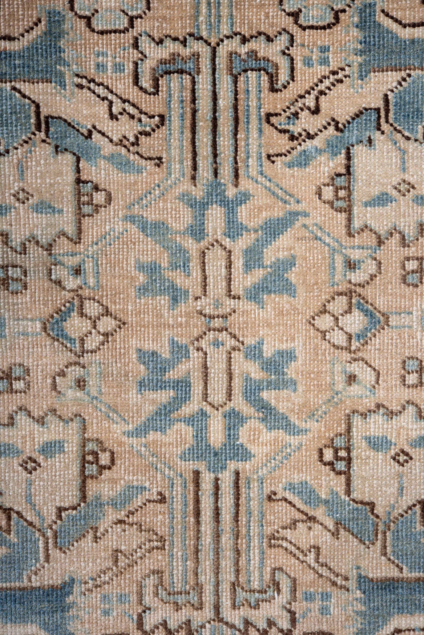 7' x 11' one-of-a-kind handmade antique Heriz large size rug. Color palette: ivory, sky blue, taupe, camel, brown